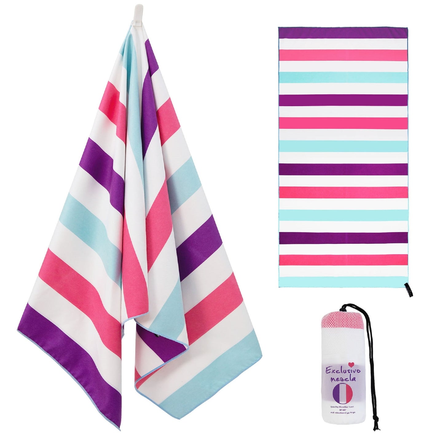 Exclusivo Mezcla Microfiber Quick Dry Beach Towel, Oversized Sand Free Beach Towel for Travel/ Camping/ Sports (Striped Pink, 35"X70") - Super Absorbent, Compact and Lightweight