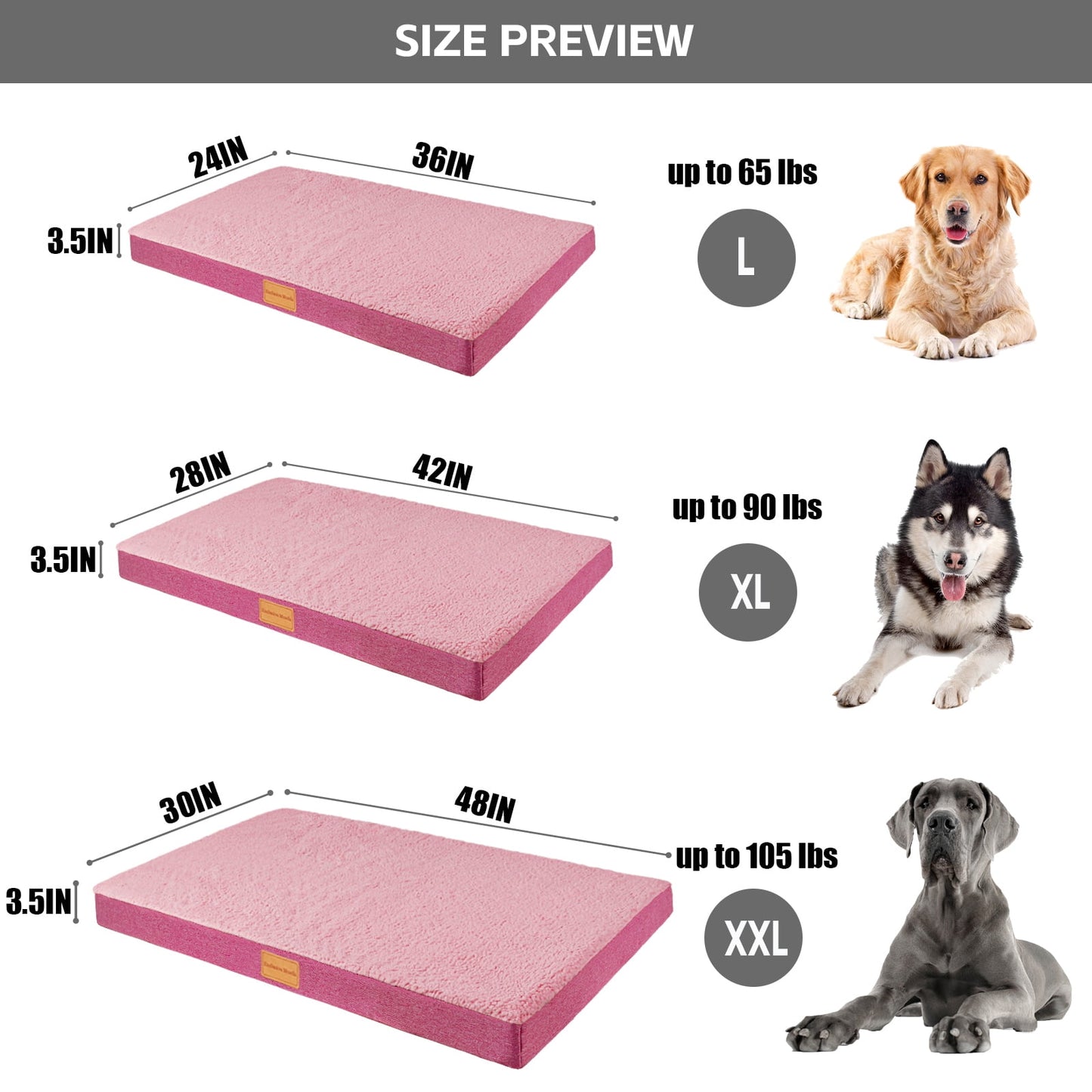 Exclusivo Mezcla Orthopedic Pet Bed for Extra Large Dogs 48"X30", Waterproof Dog Beds with Removable Washable Cover, Pink