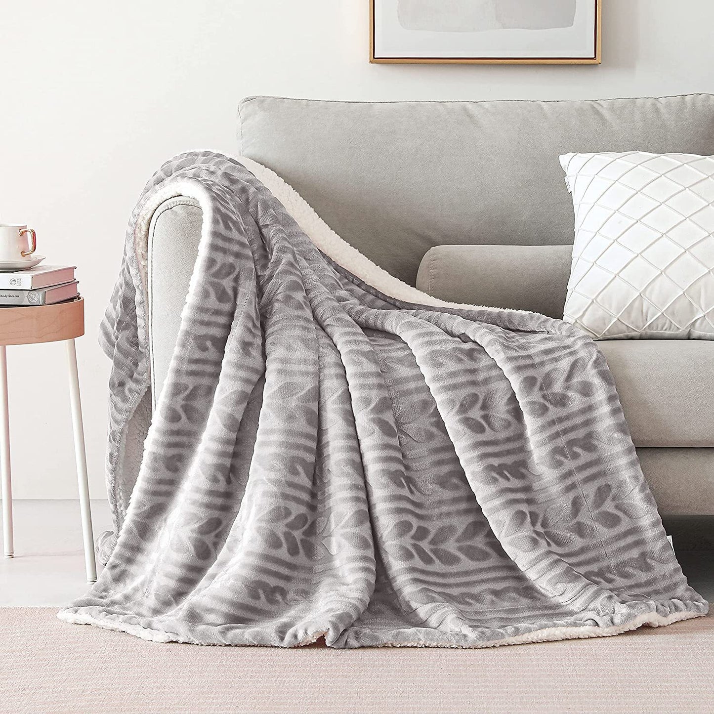 Exclusivo Mezcla 50"x70" Sherpa Fleece Throw Blanket, Reversible Velvet Plush Blankets and Soft Throws for Couch, Sofa, Bed, Super Cozy Thick and Warm, Light Grey