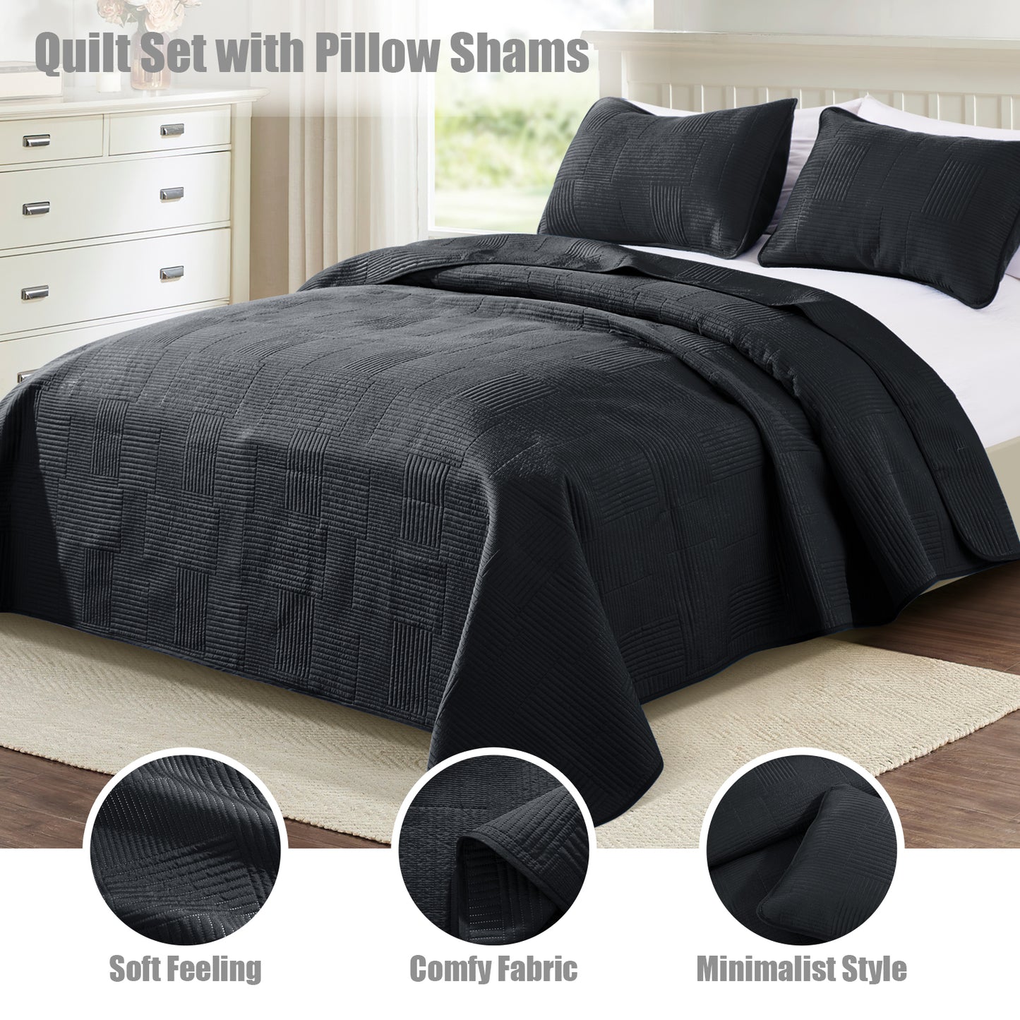 Exclusivo Mezcla Queen Quilt Set, Soft and Lightweight Bedspreads Coverlet with Striped Pattern, Bedding Sets with 2 Pillow Shams, Reversible Bed Cover for All Seasons, 96x90 Inches, Black Grid