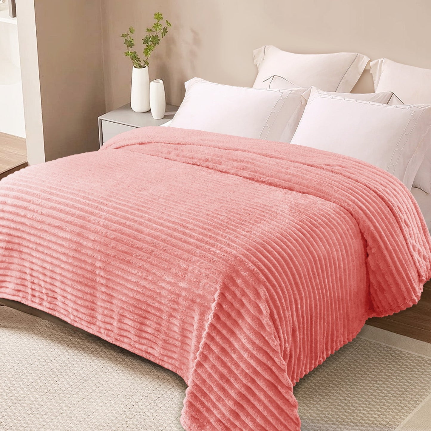 Exclusivo Mezcla King Size Flannel Fleece Blanket, Super Soft 3D Striped Jacquard Bed Blanket, Lightweight Fuzzy Cozy Blankets for All Seasons, 90x104 Inches, Pink Blanket