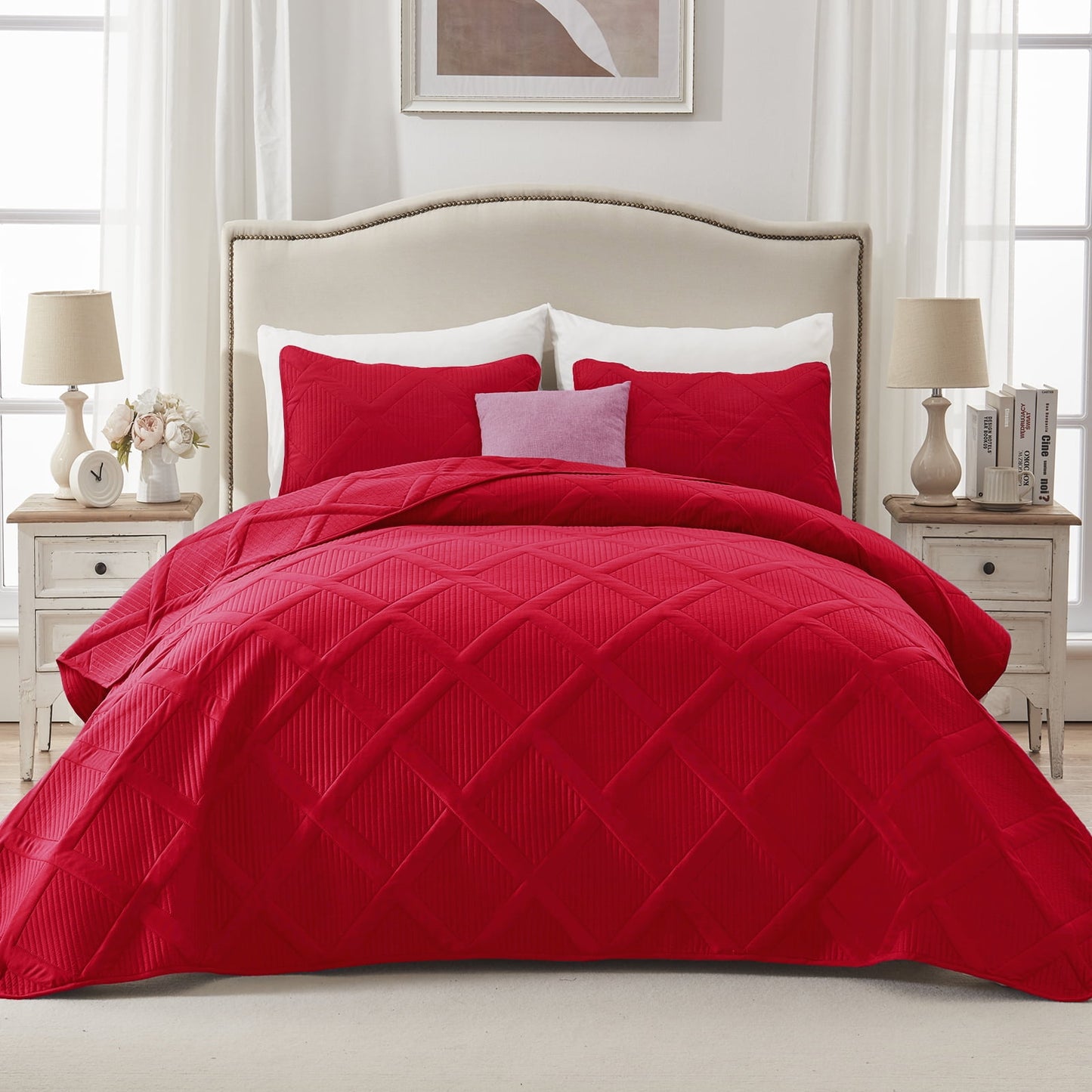 Exclusivo Mezcla Ultrasonic California King Quilt Set, Lightweight Bedspreads Modern Striped Coverlet with 2 Pillow Shams, Red