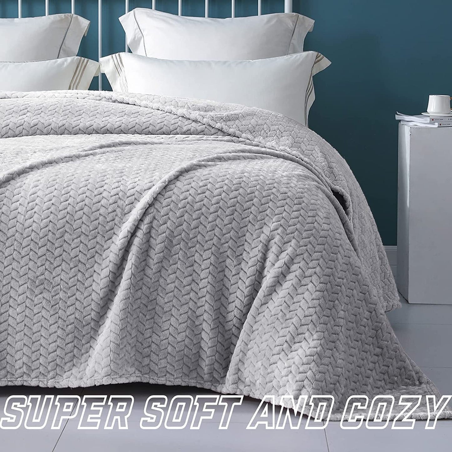 Exclusivo Mezcla King Size Jacquard Weave Leaves Pattern Flannel Fleece Velvet Plush Bed Blanket for Couch Bed Sofa (90" x 104", Light Grey) - Soft, Lightweight, Warm and Cozy