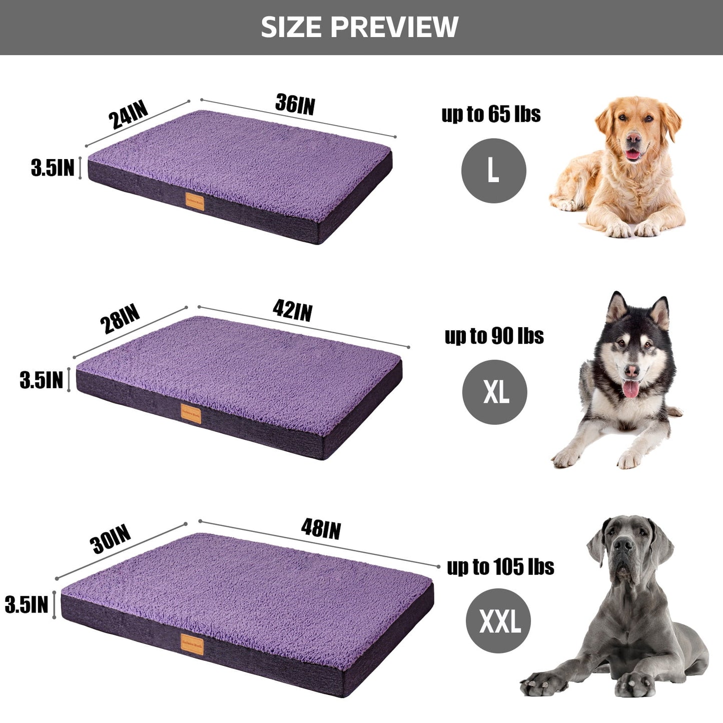 Exclusivo Mezcla Orthopedic Pet Bed for Large Dogs 42"X28", Waterproof Dog Beds with Removable Washable Cover, Purple