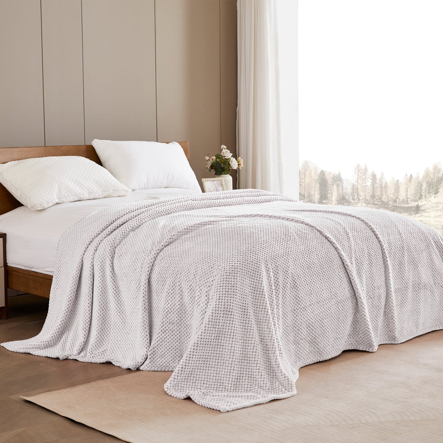 Exclusivo Mezcla Waffle Textured Soft Fleece Blanket, King Size Bed Blanket, Cozy Warm and Lightweight (Mixed Light Grey, 90x104 inches)
