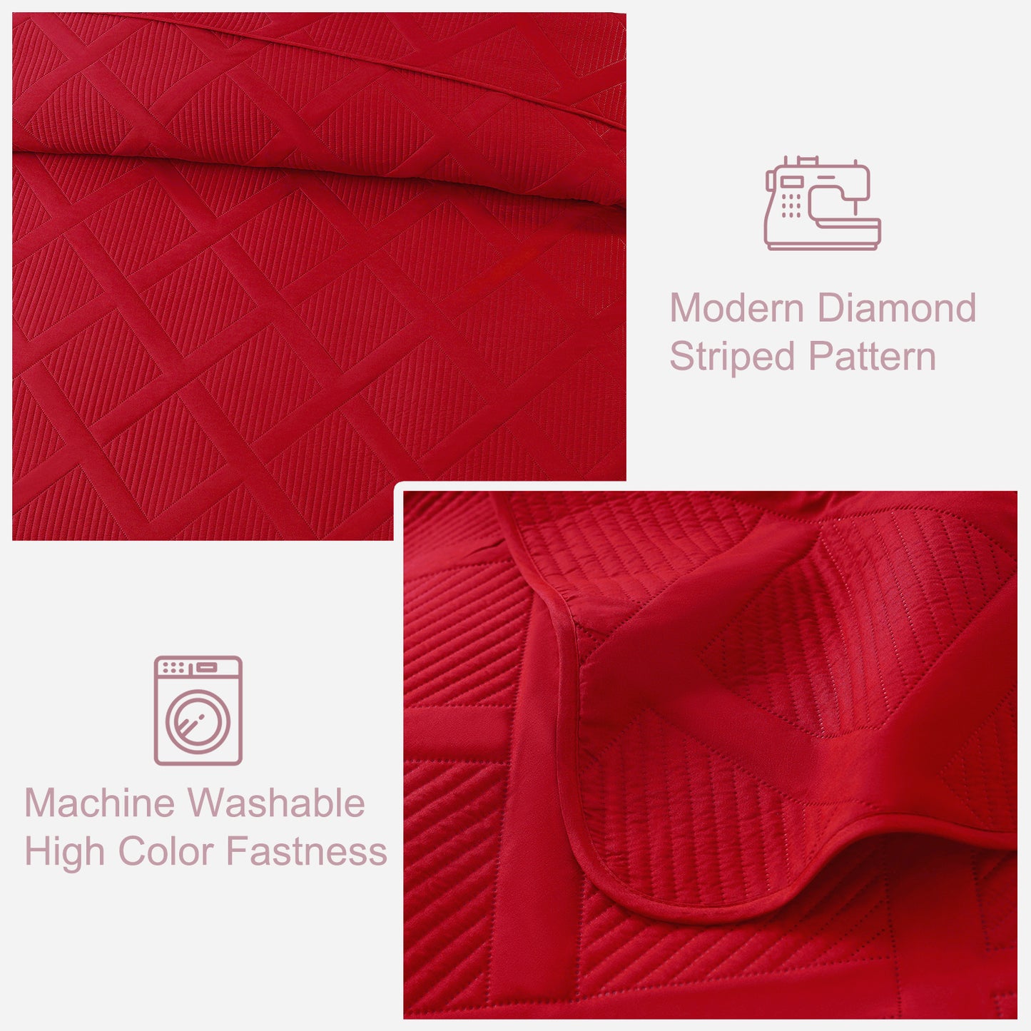 Exclusivo Mezcla Ultrasonic California King Quilt Set, Lightweight Bedspreads Modern Striped Coverlet with 2 Pillow Shams, Red