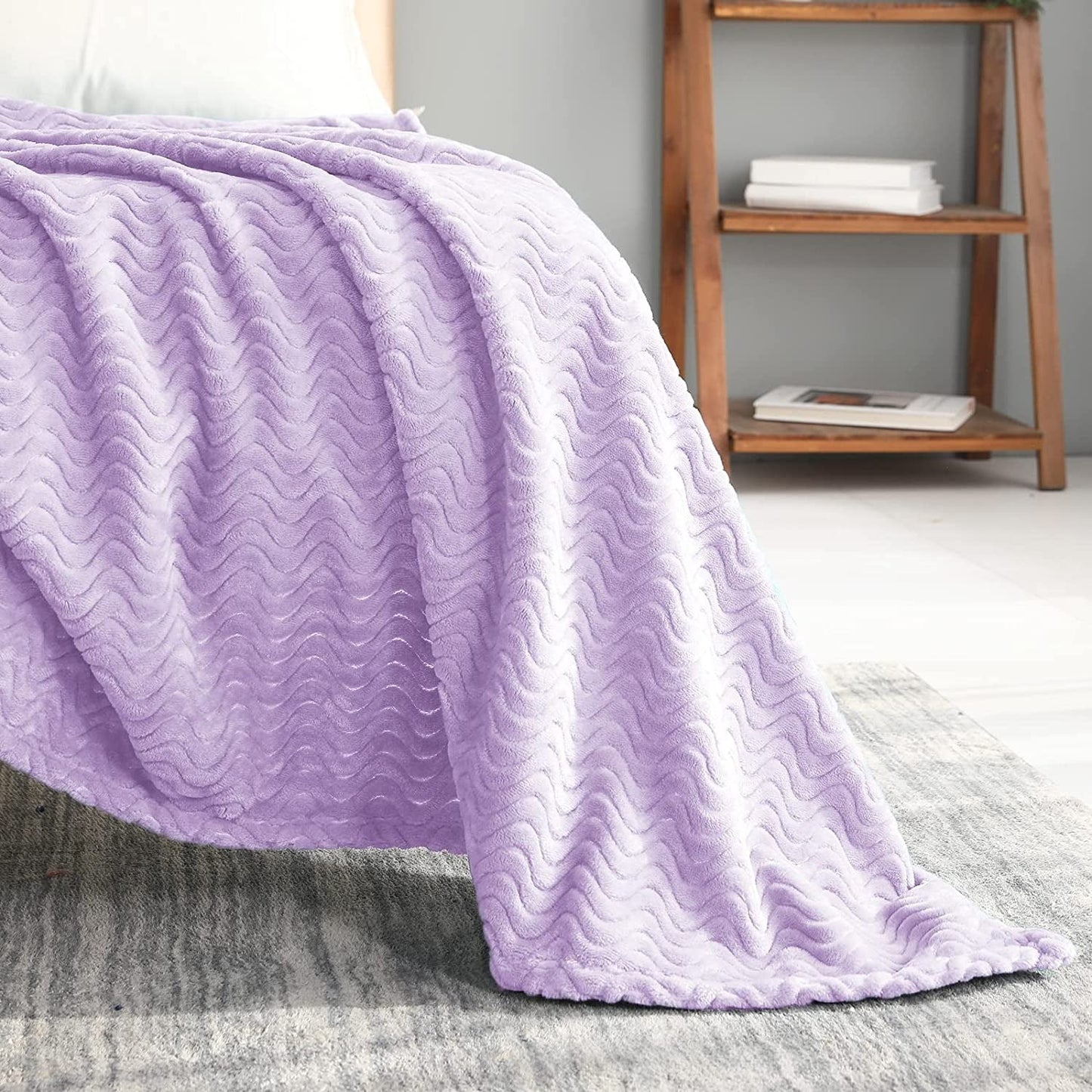 Exclusivo Mezcla King Size Jacquard Weave Wave Pattern Flannel Fleece Velvet Plush Bed Blanket as Bedspread/Coverlet/Bed Cover (90" x 104",Light Purple) - Soft, Lightweight, Warm and Cozy