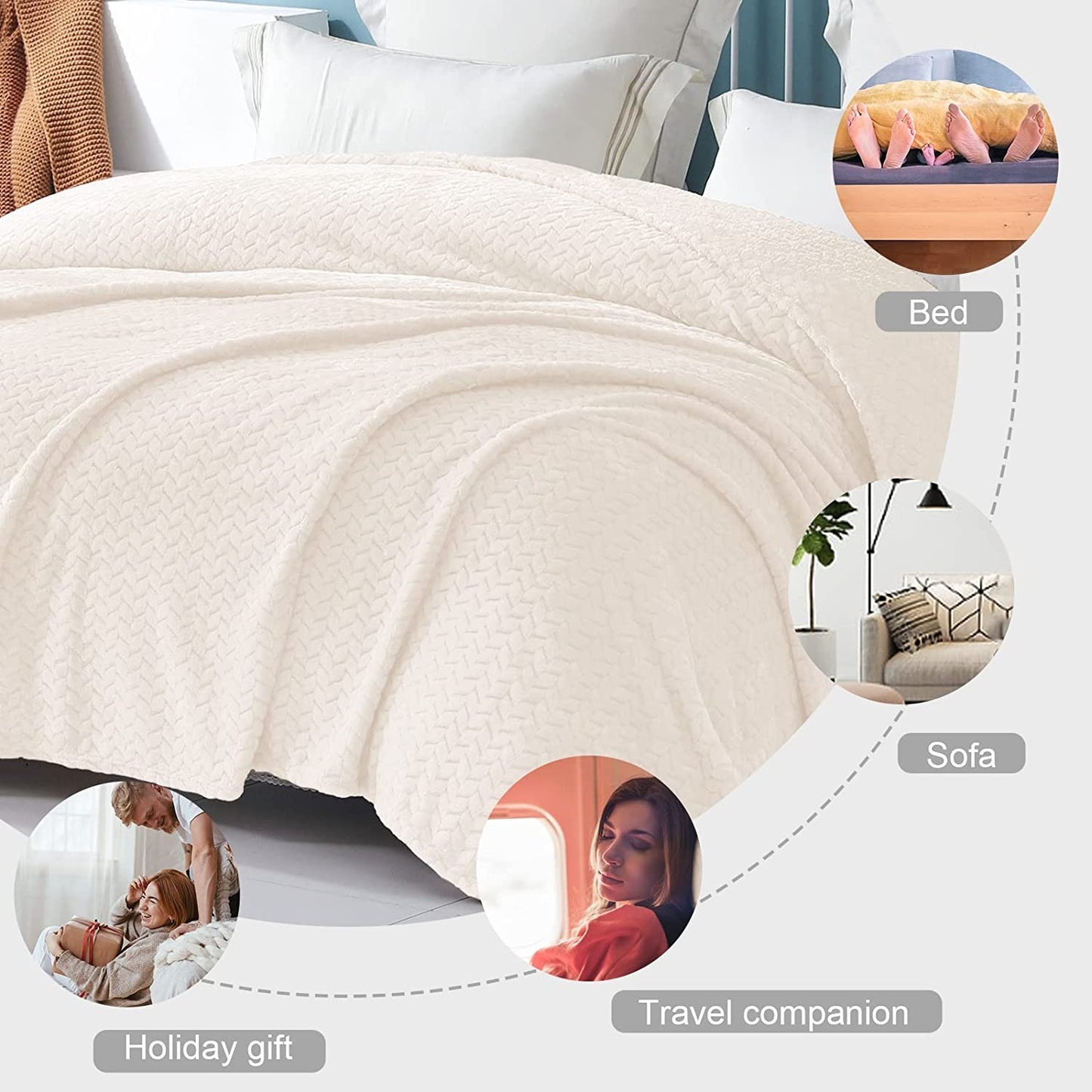 Exclusivo Mezcla Queen Size Flannel Fleece Blanket, 90x90 Inches Soft Jacquard Weave Leaves Pattern Velvet Plush Blanket for Bed, Cozy, Warm, Lightweight and Decorative Ivory Blanket