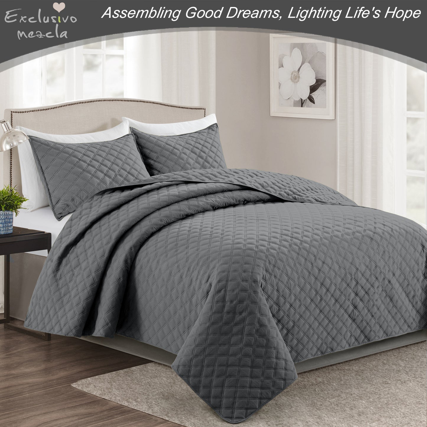 Exclusivo Mezcla 2-Piece Gray Twin Size Quilt Set, Box Pattern Ultrasonic Lightweight and Soft Quilts/Bedspreads/Coverlets/Bedding Set (1 Quilt, 1 Pillow Sham) for All Seasons