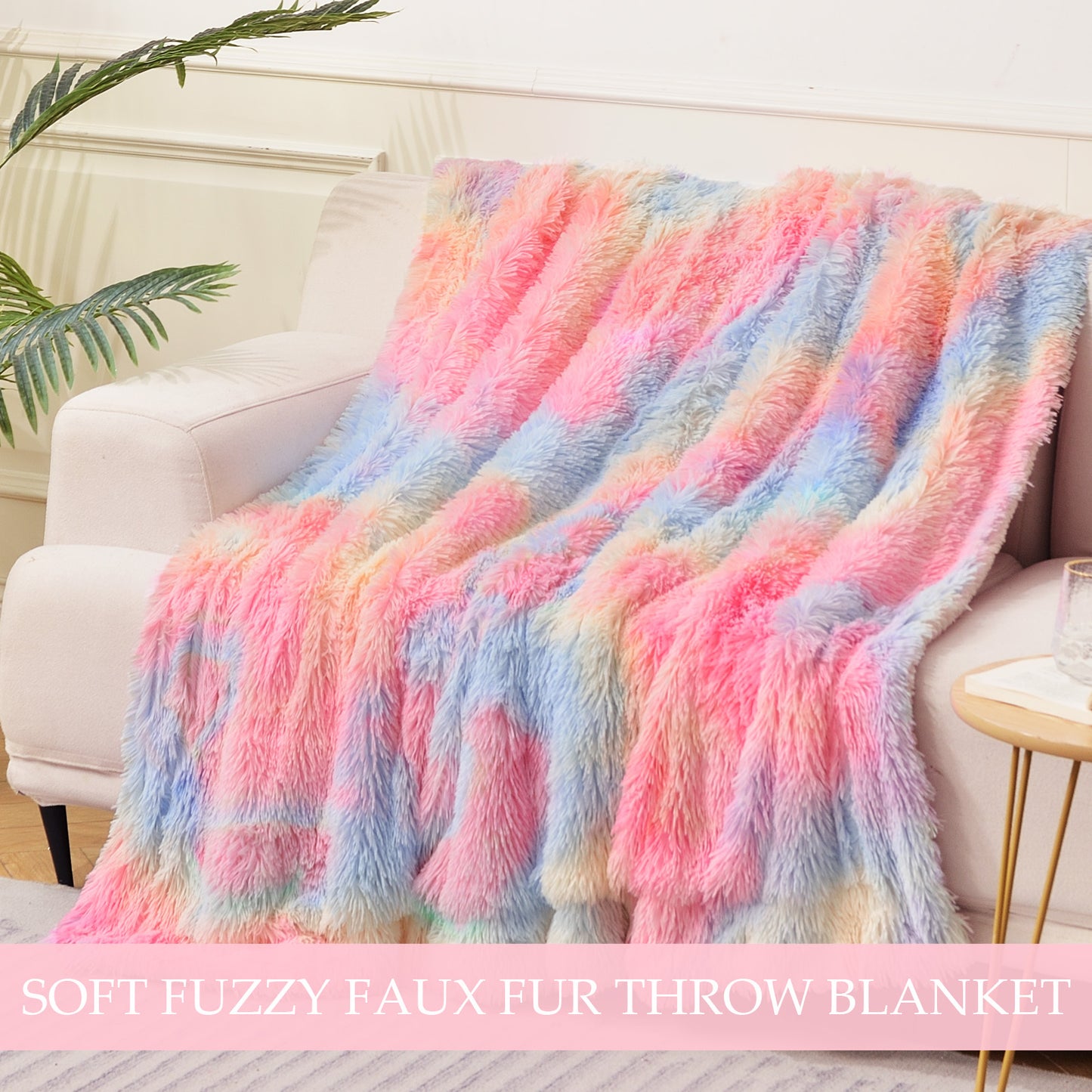 Exclusivo Mezcla Super Soft Fuzzy Faux Fur Throw Blanket, Fluffy Plush Cozy Reversible Shaggy Sherpa Fleece Blankets and Warm Throws for Couch Sofa Bed, 50x60 inches, Rainbow