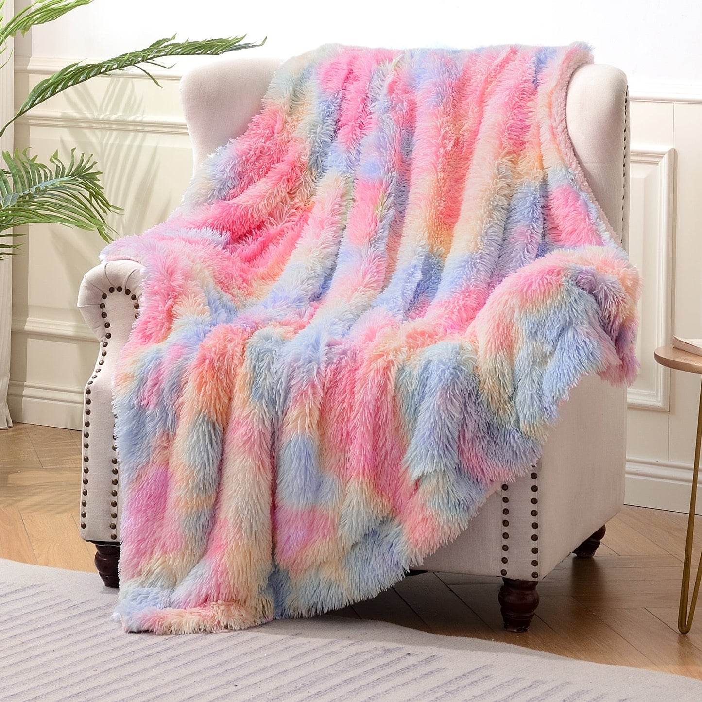 Exclusivo Mezcla Super Soft Fuzzy Faux Fur Throw Blanket, Fluffy Plush Cozy Reversible Shaggy Sherpa Fleece Blankets and Warm Throws for Couch Sofa Bed, 50x60 inches, Rainbow