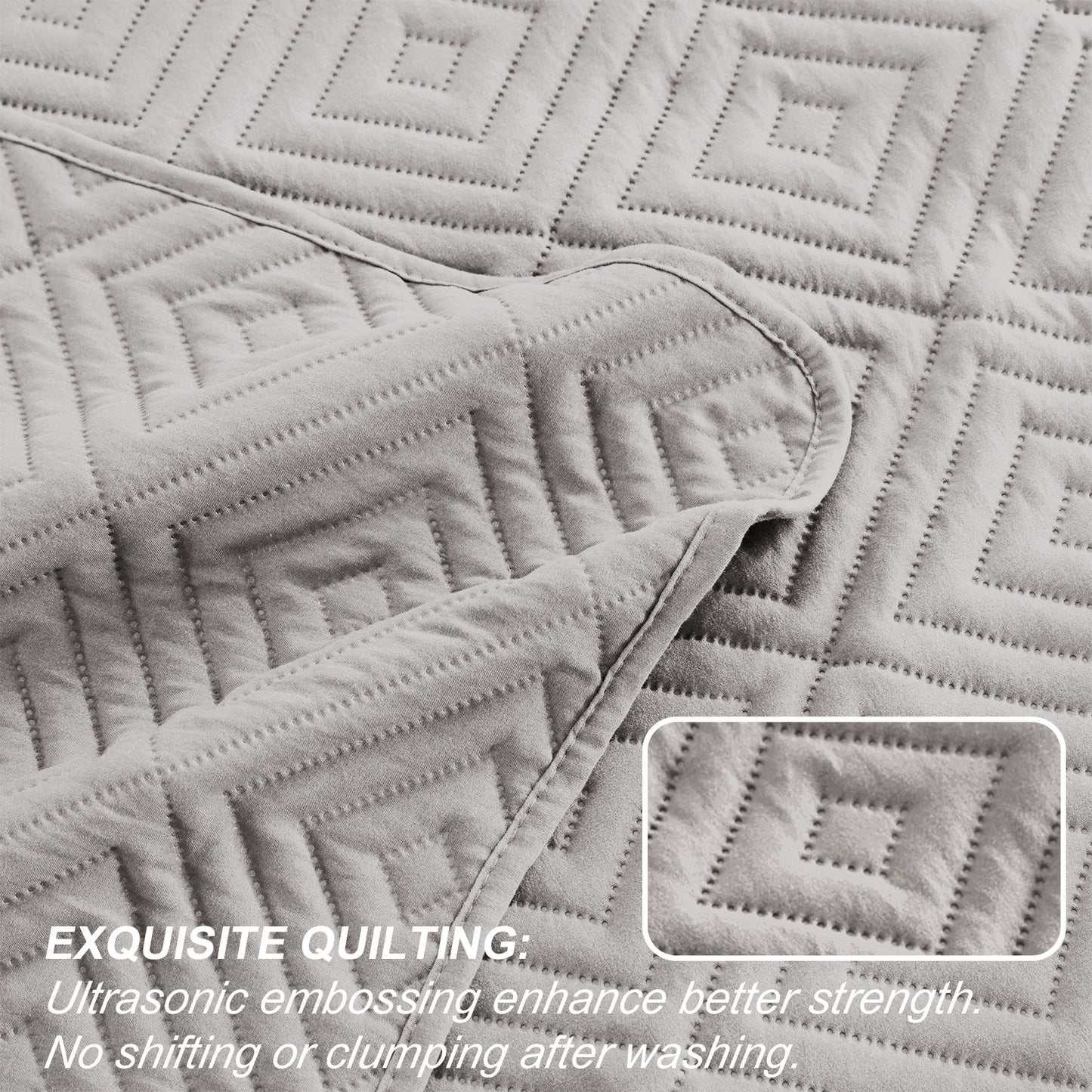 Exclusivo Mezcla 2-Piece Light Gray Twin Size Quilt Set, Square Pattern Ultrasonic Lightweight and Soft Quilts/Bedspreads/Coverlets/Bedding Set (1 Quilt, 1 Pillow Sham) for All Seasons