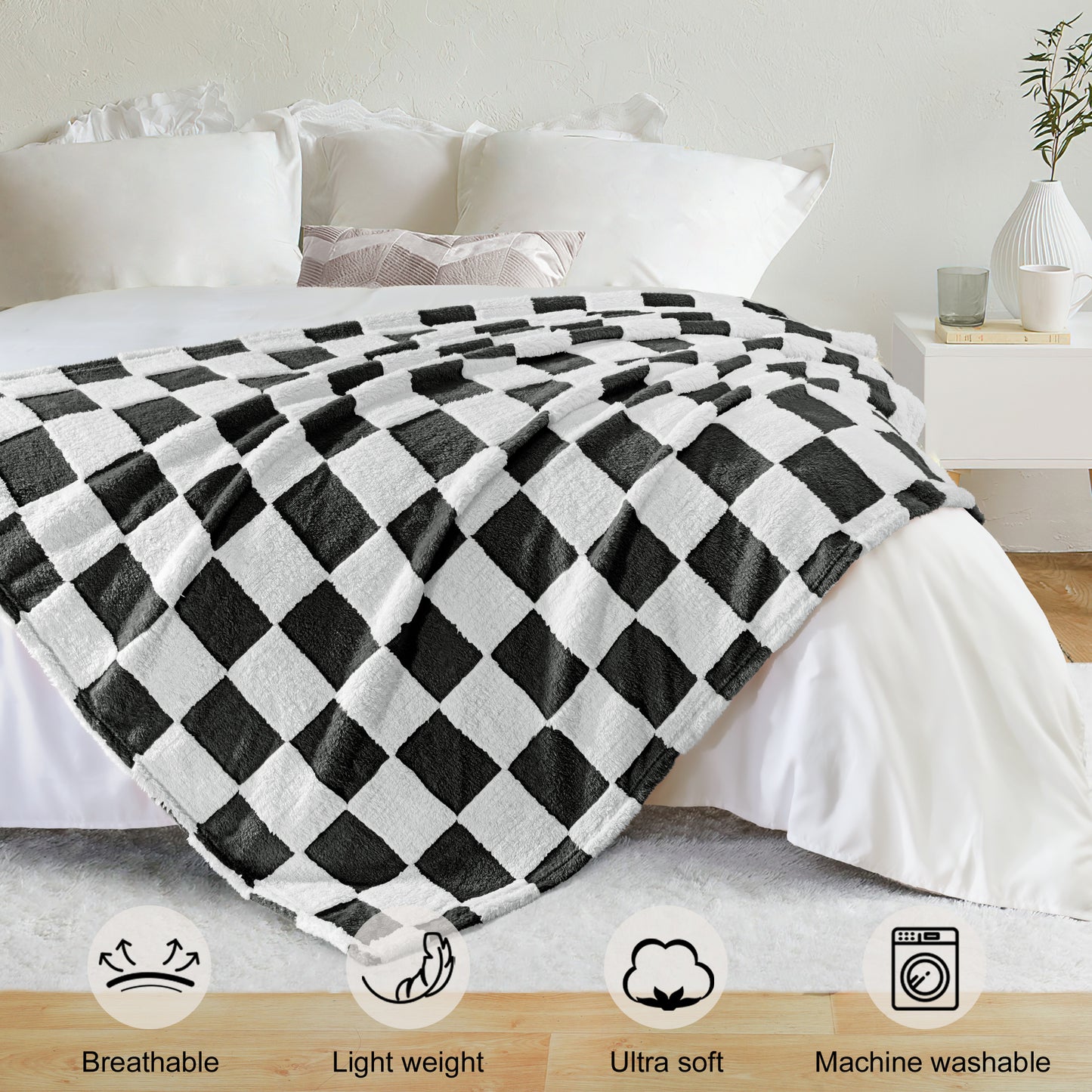 Exclusivo Mezcla Fleece Blanket Twin Size, Cozy Lightweight and Fuzzy Checkered Blankets for Couch or Bed, Suitable for All Season, Black, 60" x 80"