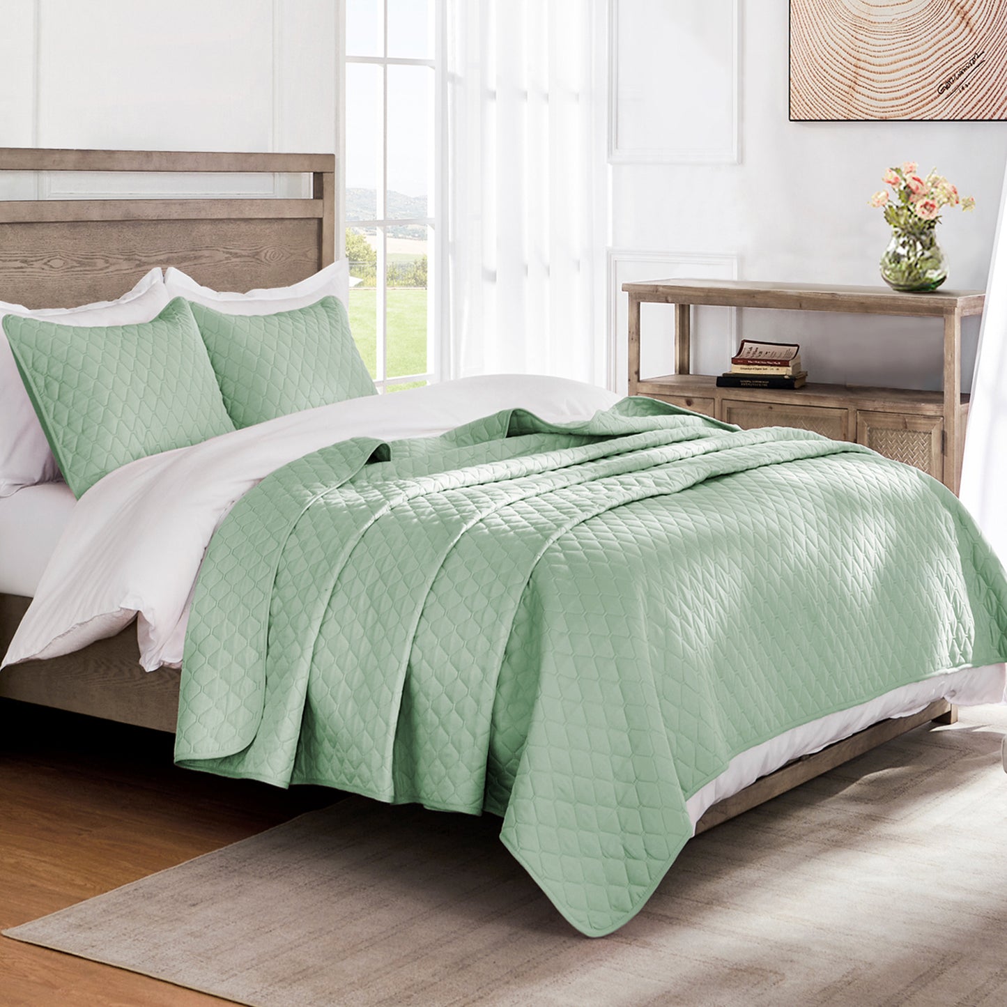 Exclusivo Mezcla Ultrasonic Reversible King Size Quilt Bedding Set with Pillow Shams, Lightweight Quilts King Size, Soft Bedspreads Bed Coverlets for All Seasons - (Mint Green, 104"x96")
