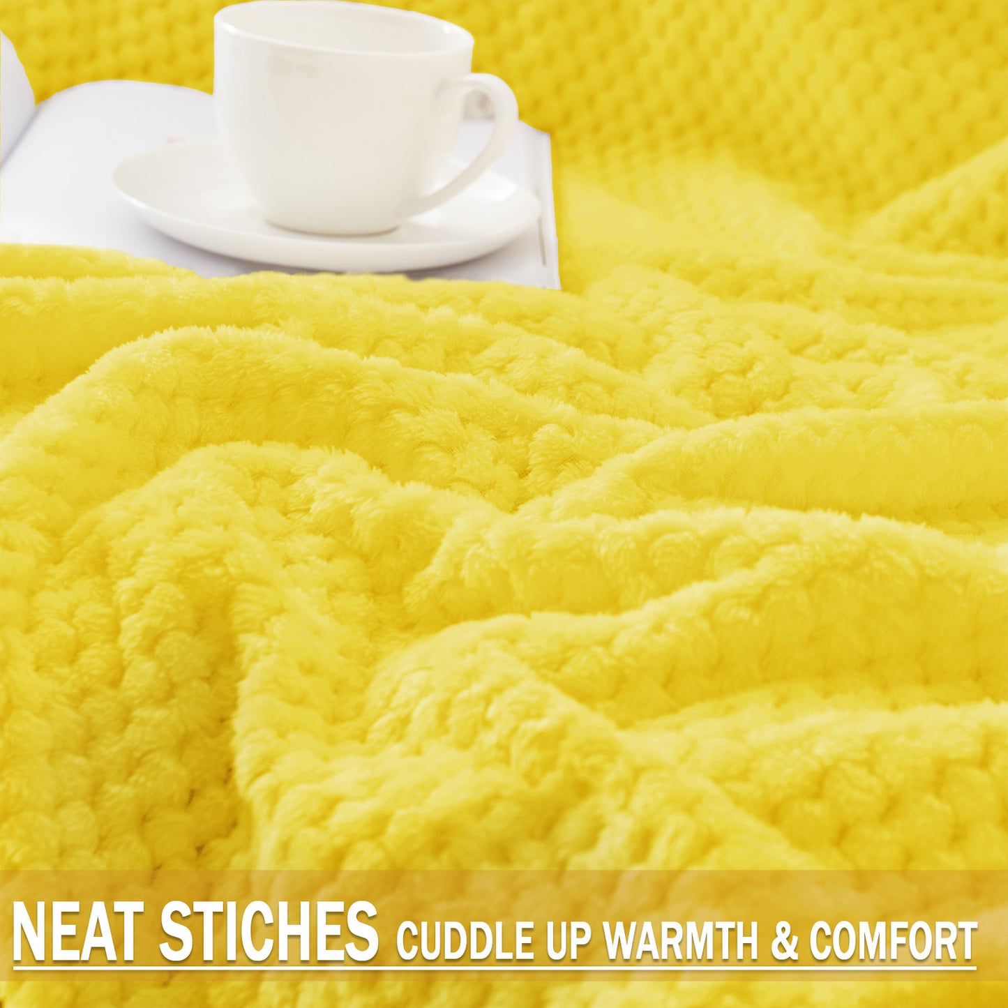 Exclusivo Mezcla Waffle Textured Soft Fleece Blanket, King Size Bed Blanket, Cozy Warm and Lightweight (Vibrant Yellow, 90x104 inches)