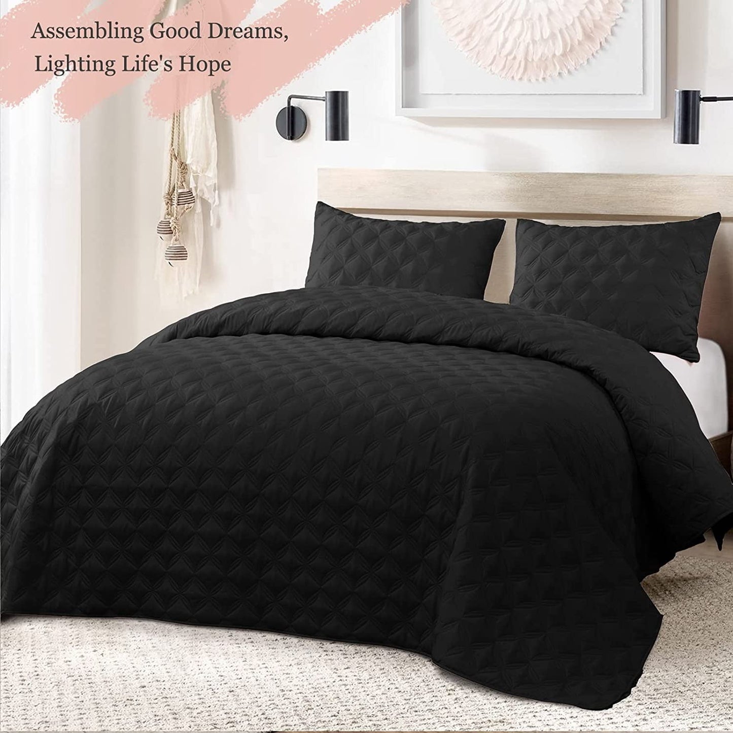 Exclusivo Mezcla Bed Quilt Set King Size for All Season, Stitched Pattern Quilted Bedspread/ Bedding Set/ Coverlet with 2 Pillow shams, Lightweight and Soft, Black