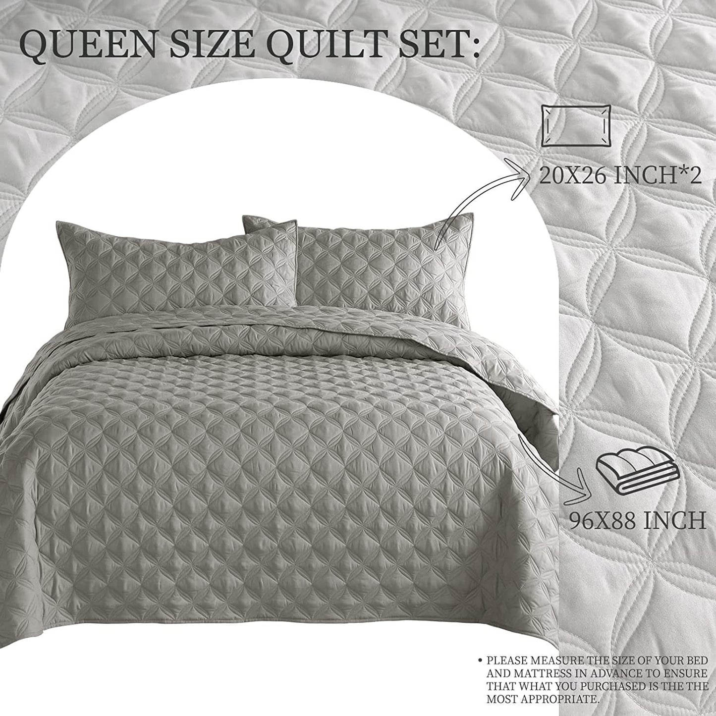 Exclusivo Mezcla Bed Quilt Set King Size for All Seasons, Stitched Pattern Quilted Bedspread/ Bedding Set/ Coverlet with 2 Pillow shams, Lightweight and Soft, Light Grey