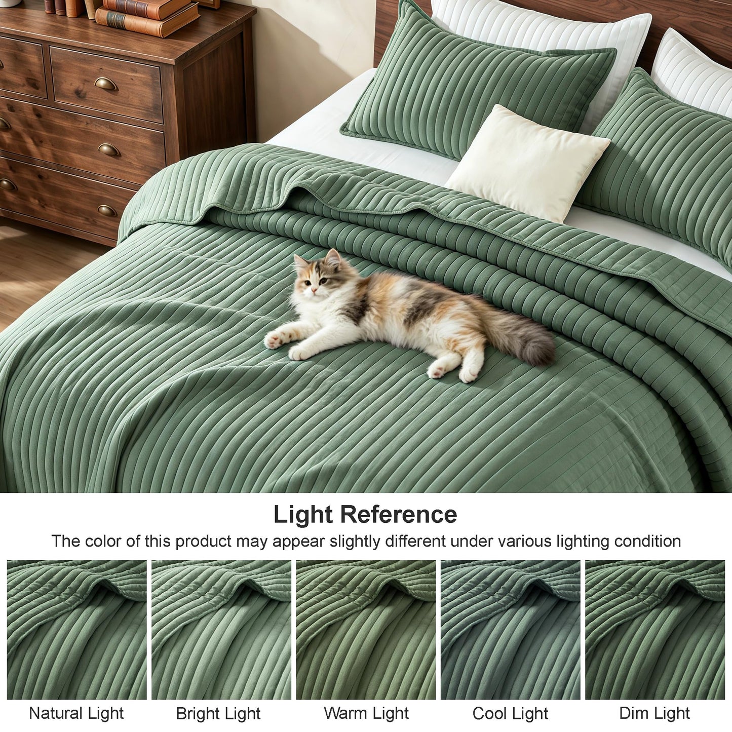 Exclusivo Mezcla Twin Quilt Bedding Set, Stripe Stitching Drak Green Quilts Twin Size for All Seasons, Soft Lightweight Microfiber Bedspreads Coverlets Bed Cover, 68"x88"