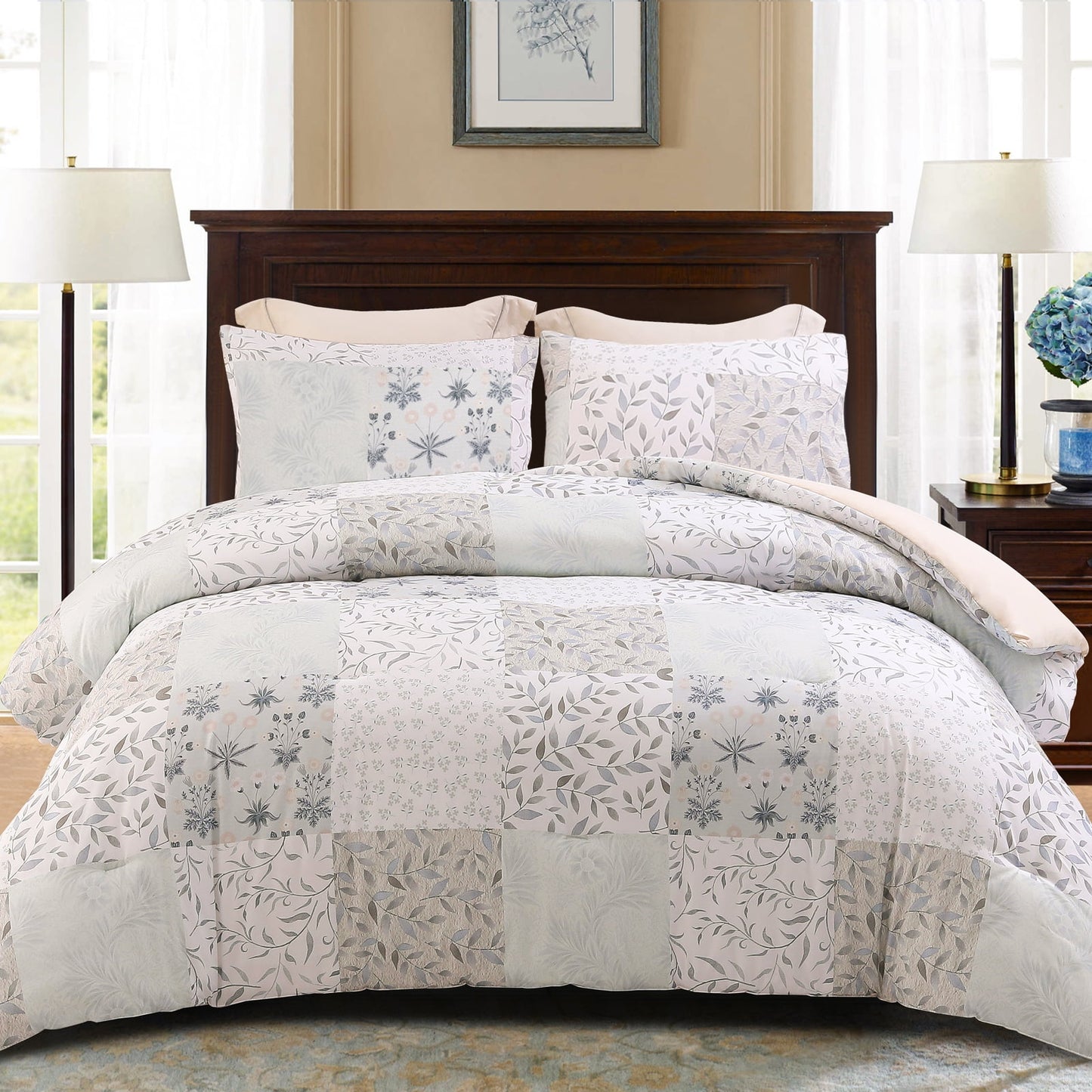 Exclusivo Mezcla 3-Piece Patchwork Queen Comforter Set, Microfiber Bedding Down Alternative Comforter for All Seasons with 2 Pillow Shams, Grey and Camel