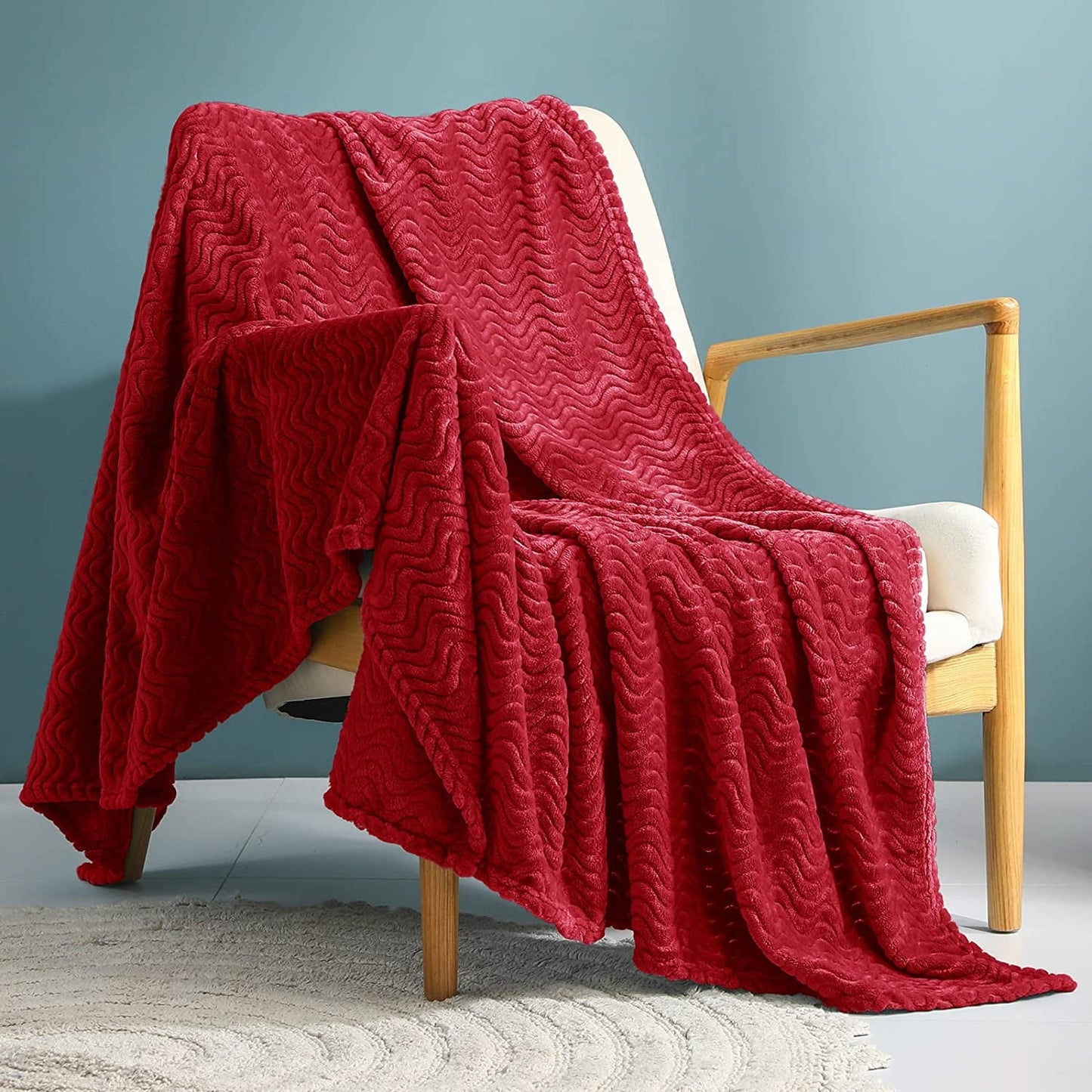 Exclusivo Mezcla Large Flannel Fleece Throw Blanket, Jacquard Weave Wave Pattern (50" x 70", Red) - Soft, Warm, Lightweight and Decorative