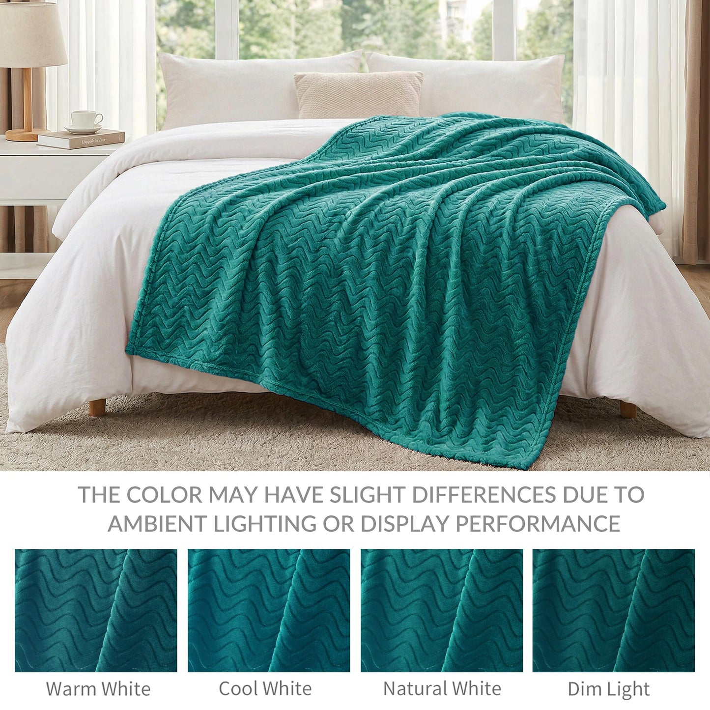 Exclusivo Mezcla Queen Size Jacquard Weave Wave Pattern Flannel Fleece Velvet Plush Bed Blanket as Bedspread/Coverlet/Bed Cover (90" x 90", Teal) - Soft, Lightweight, Warm and Cozy