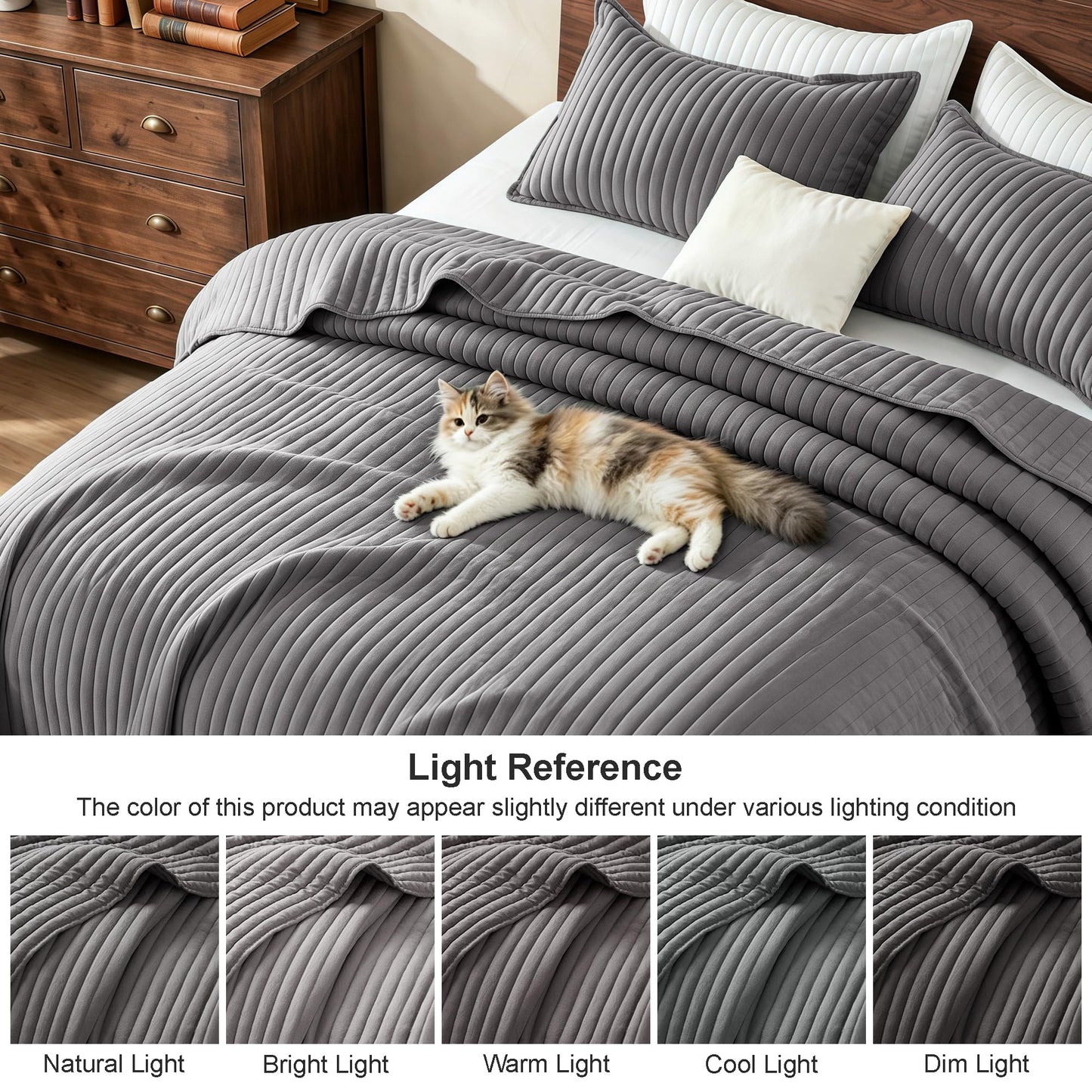 Exclusivo Mezcla Full Queen Quilt Bedding Set, Stripe Stitching Grey Quilts Queen Size for All Seasons, Soft Lightweight Microfiber Bedspreads Coverlets Bed Cover, 90"x96"