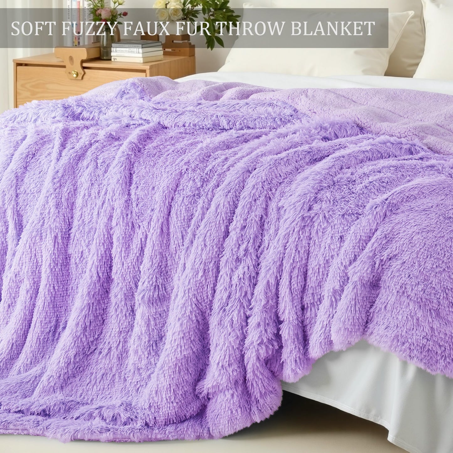 Exclusivo Mezcla Fuzzy Faux Fur Bed Blanket King Size, Reversible Shaggy Sherpa Fleece Blankets,Fluffy Plush Warm Throws for Couch, Bed, 90X104 Inches, Light Purple
