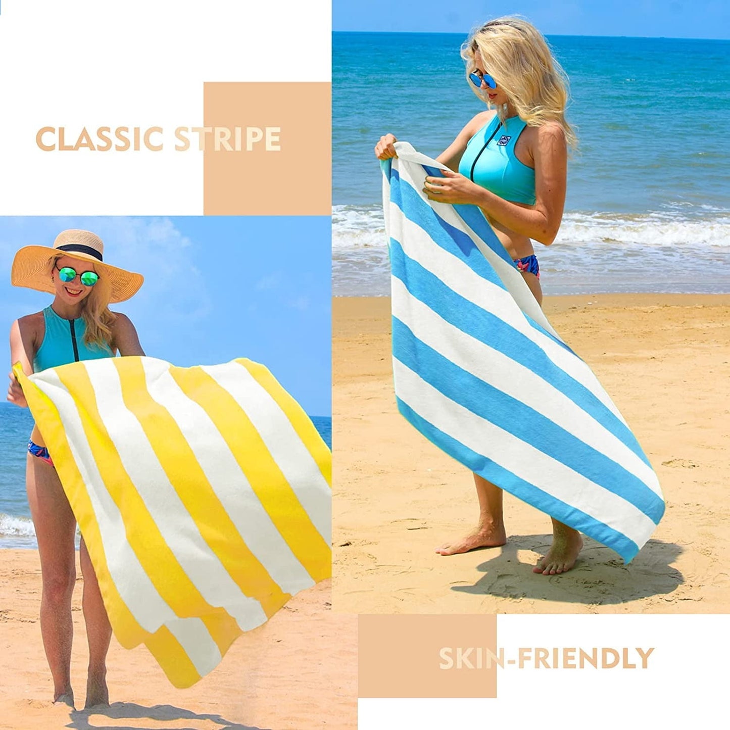 Exclusivo Mezcla 2-Pack Cotton Large Cabana Stripe Beach Towels, Super Absorbent Soft Plush Pool Towel, Bath Towel (Blue, 30"x60")