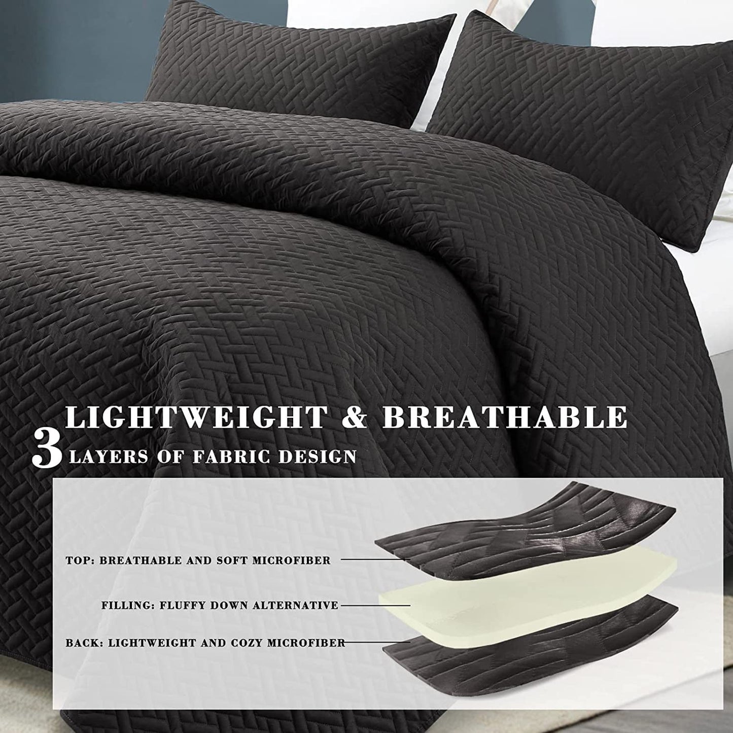 Exclusivo Mezcla 3-Piece King Size Quilt Set with Pillow Shams, Basket Quilted Bedspread/Coverlet/Bed Cover(96x104 inches, Black)-Soft, Lightweight and Reversible