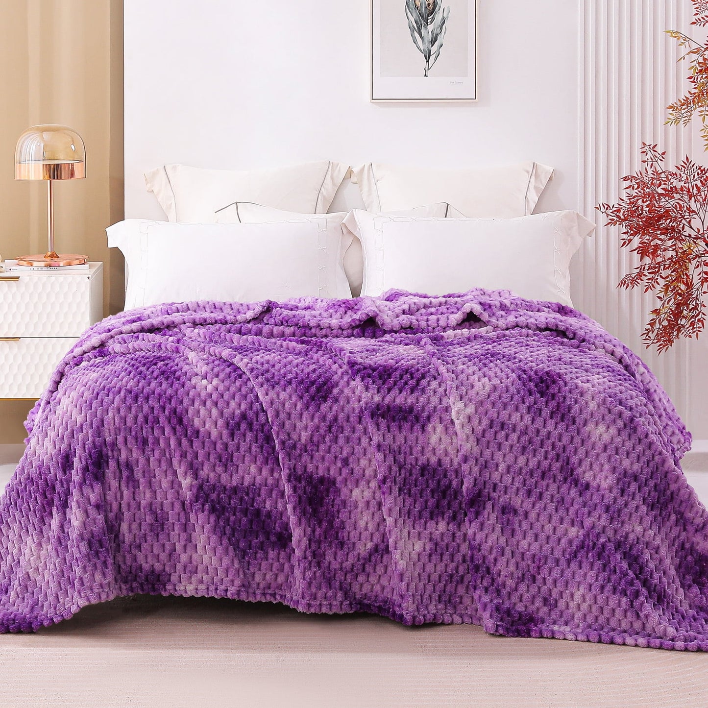 Exclusivo Mezcla Twin Size Flannel Fleece Blanket, 60x80 Inches Stylish Jacquard Velvet Plush Blanket for Bed, Cozy, Warm, Lightweight and Decorative Purple Blanket