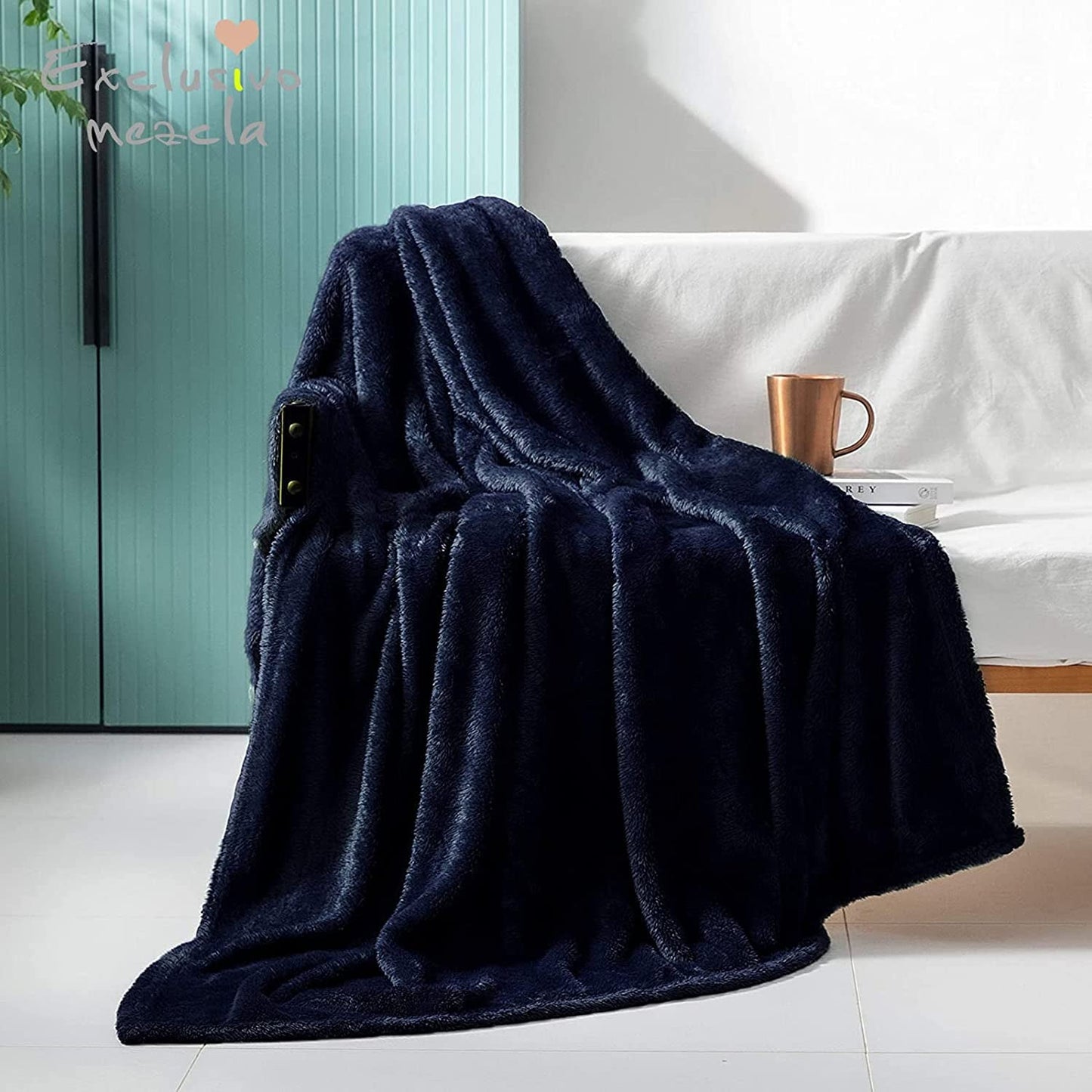 Exclusivo Mezcla Plush Fuzzy Large Fleece Throw Blanket ( 50" x 70", Navy Blue)- Soft, Warm& Lightweight