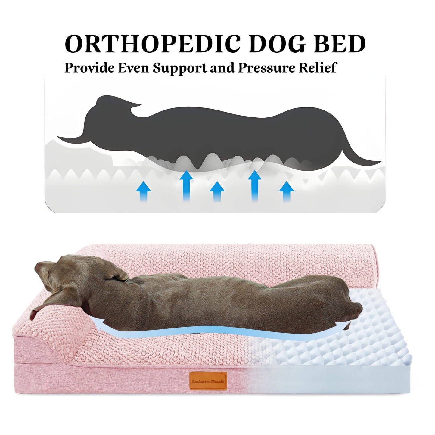 Exclusivo Mezcla Jacquard Orthopedic Pet Bed for Median Dogs, 36"X24" Waterproof L Shaped Dog Bed with Washable Cover, Pink