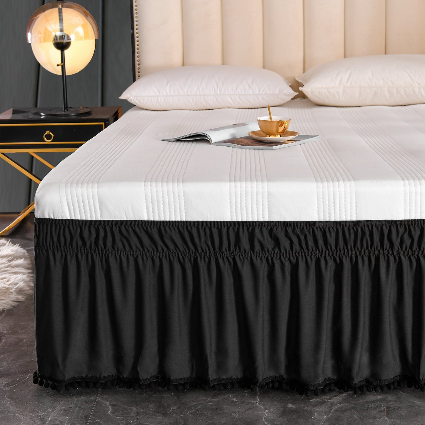 Exclusivo Mezcla Pom Pom Bed Skirt with Adjustable Elastic Belt, Easy Wrap Around Dust Ruffles with 16 Inch Tailored Drop, Wrinkle and Fade Resistant, (Queen, Black)