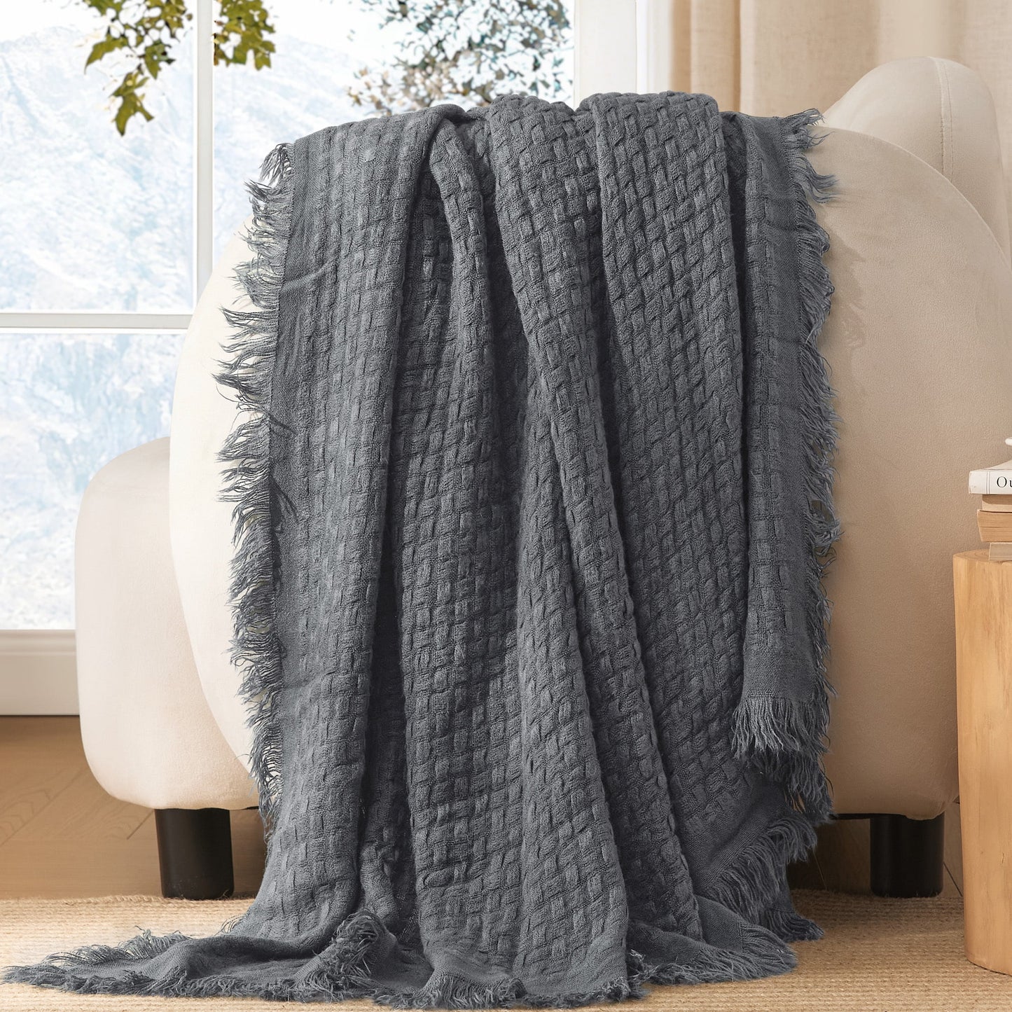 Exclusivo Mezcla Knitted Queen Size Blanket with Fringes for Bed, Soft and Warm Textured Blanket for All Season, Lightweight Breathable Living Room Bedding, Dark Grey, 90??x90??,Exclusivo Mezcla"