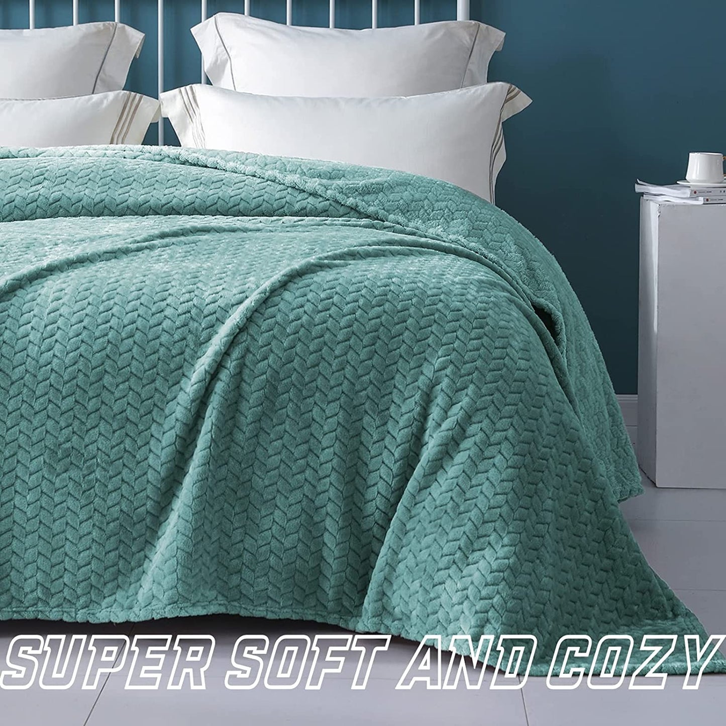 Exclusivo Mezcla Queen Size Jacquard Weave Leaves Pattern Flannel Fleece Velvet Plush Bed Blanket for Couch Bed Sofa (90" x 90", Celadon) - Soft, Lightweight, Warm and Cozy