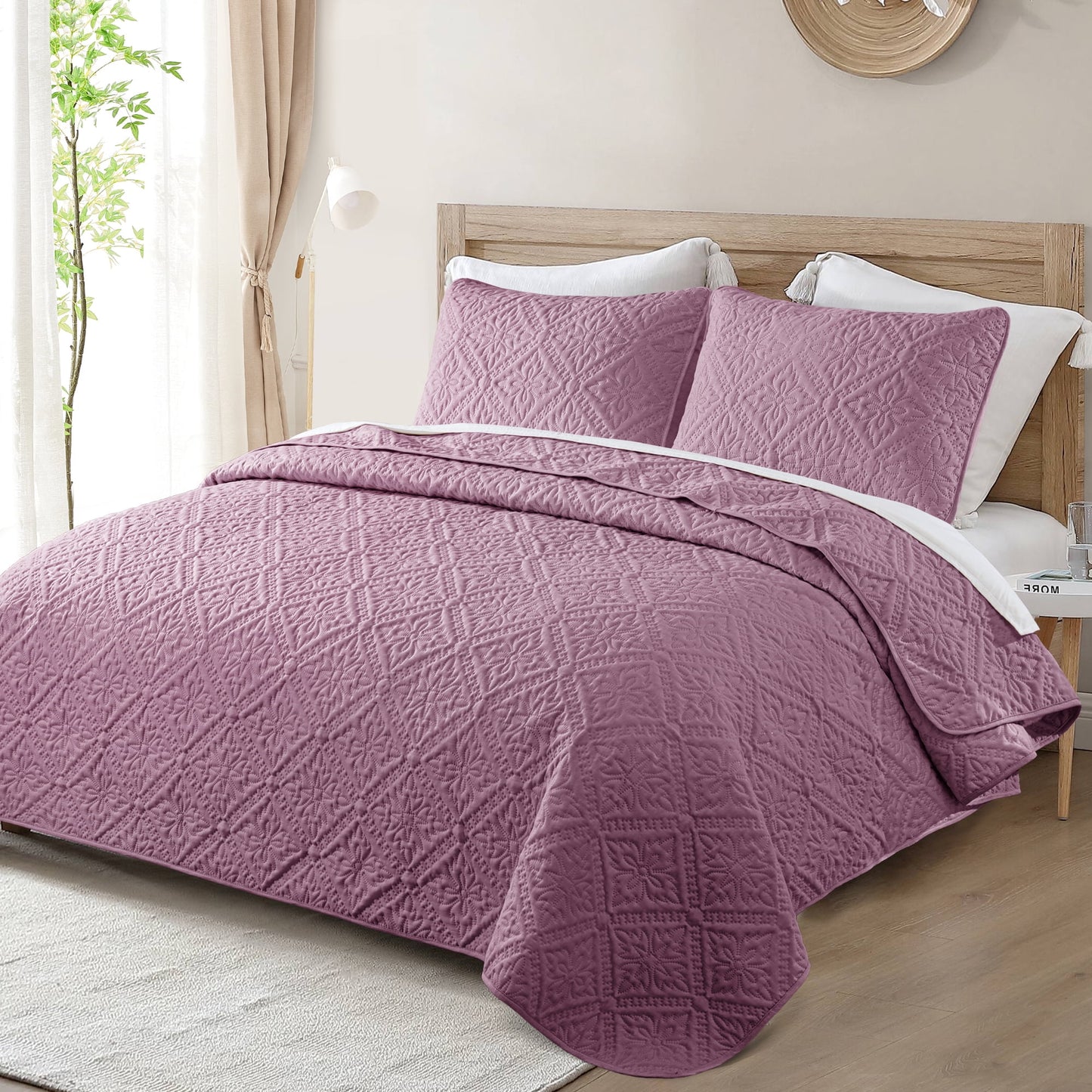 Exclusivo Mezcla King Quilt Bedding Set, Lightweight Soft Bedspreads Coverlets with 2 Pillow Shams, Modern Dusty Lavender Oversized Quilts King Size for All Seasons