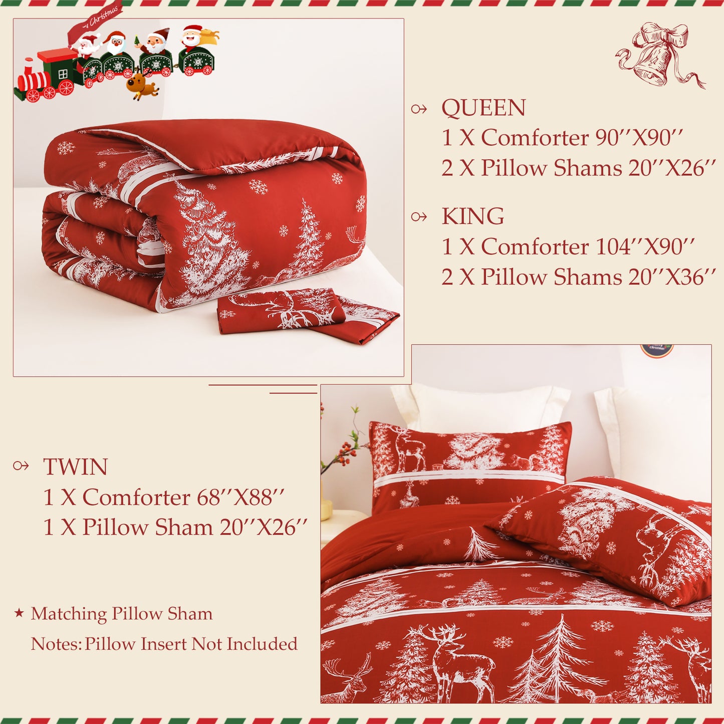 Exclusivo Mezcla Christmas Comforter Set Twin Size, Reversible Rust Red Striped Down Alternative Comforter Sets, Printed with Christmas Trees Snowflakes Pattern, for Holiday Decoration and Gifts