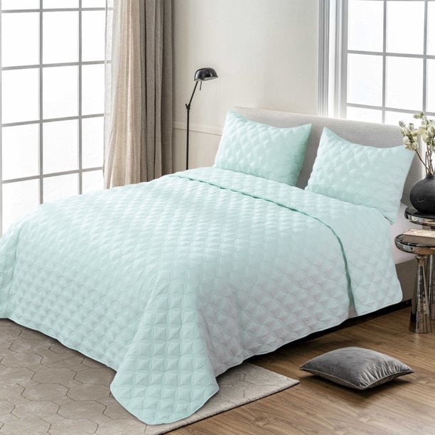 Exclusivo Mezcla Bed Quilt Set King Size for All Season, Stitched Pattern Quilted Bedspread/ Bedding Set/ Coverlet with 2 Pillow shams, Lightweight and Soft, Spa blue