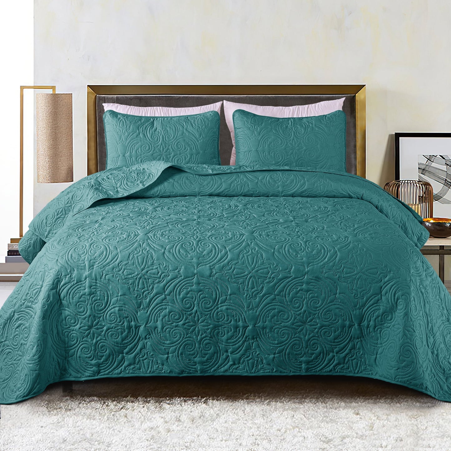 Exclusivo Mezcla King Quilt Bedding Set, Lightweight Vintage King Size Quilts with Pillow Shams, Soft Bedspreads Coverlets for All Seasons, (104"x96", Teal)