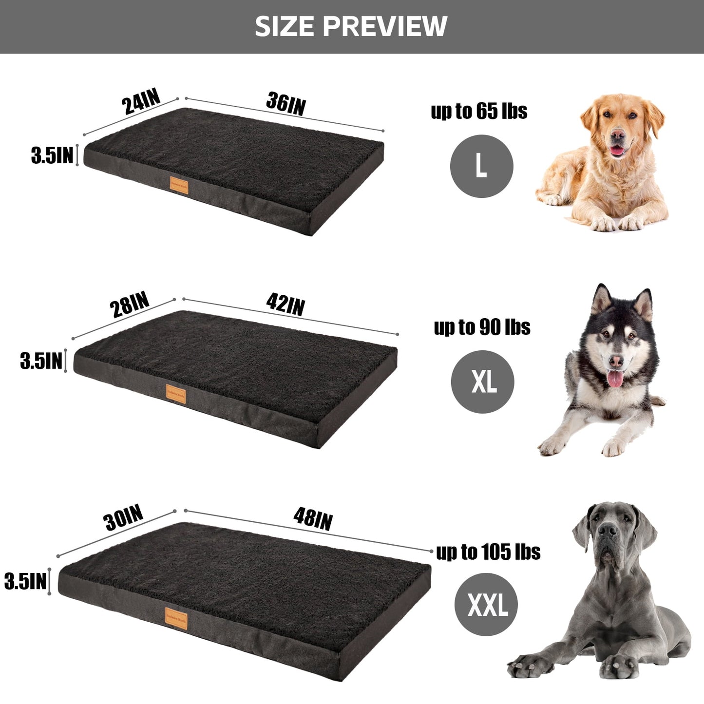 Exclusivo Mezcla Orthopedic Pet Bed for Large Dogs 42"X28", Waterproof Dog Beds with Removable Washable Cover, Black