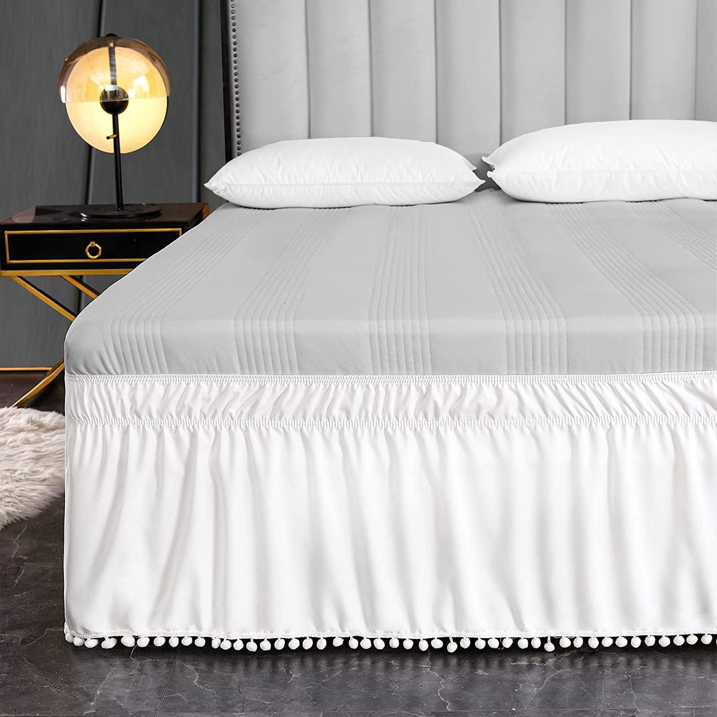 Exclusivo Mezcla Pom Pom Bed Skirt with Adjustable Elastic Belt, Easy Wrap Around Dust Ruffles with 16 Inch Tailored Drop, Wrinkle and Fade Resistant, (Queen, White)