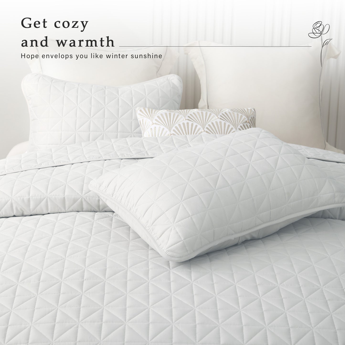 Exclusivo Mezcla Queen Quilt Bedding Set for All Seasons, Lightweight Soft White Quilts Queen Size Bedspreads Coverlets Bed Cover with Geometric Stitched Pattern, (1 Quilt, 2 Pillow Shams)