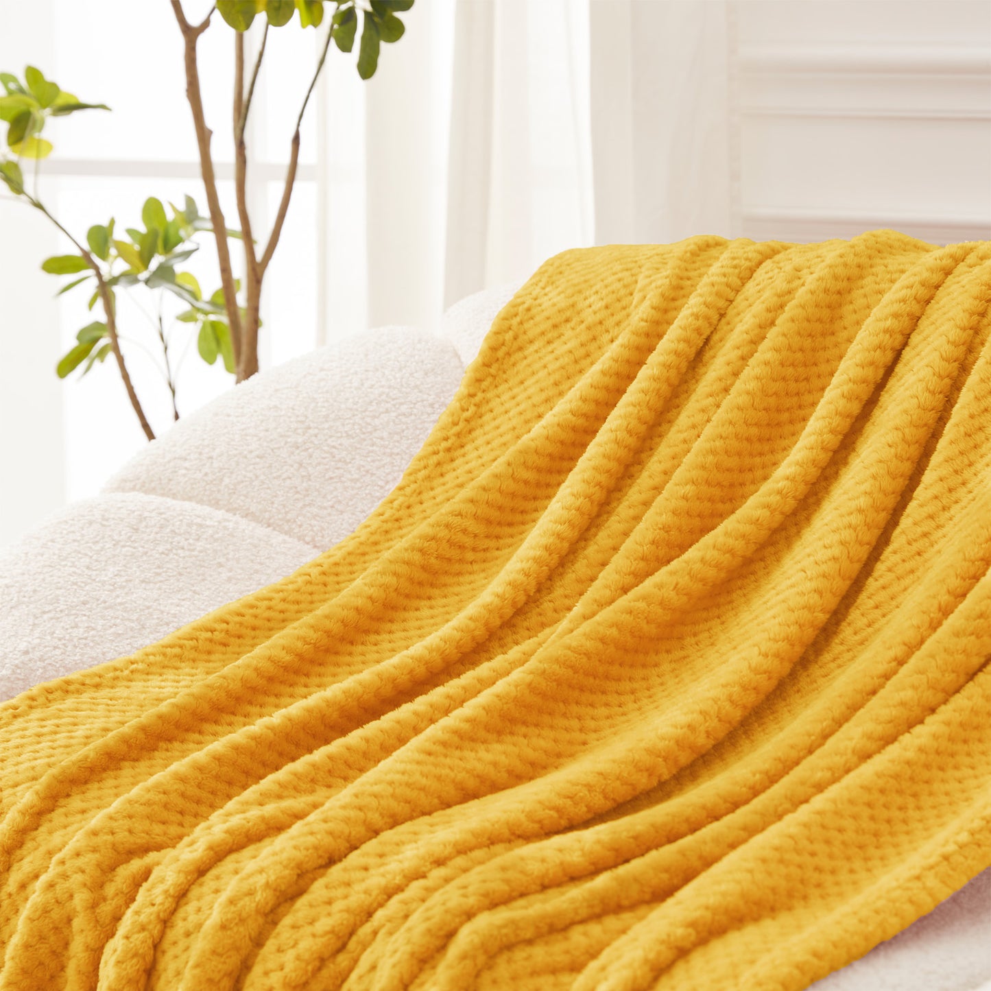 Exclusivo Mezcla Waffle Textured Soft Fleece Blanket, King Size Bed Blanket, Cozy Warm and Lightweight (Mustard Yellow, 90x104 inches)