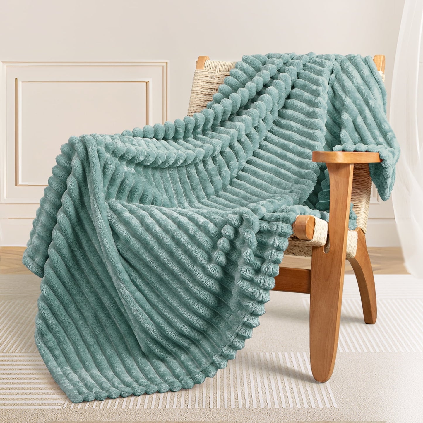 Exclusivo Mezcla Fleece Throw Blanket for Couch, Super Soft 3D Striped Jacquard Bed Blanket, Lightweight Fuzzy Cozy Blankets for All Seasons, 50x60 Inches, Celadon Blanket