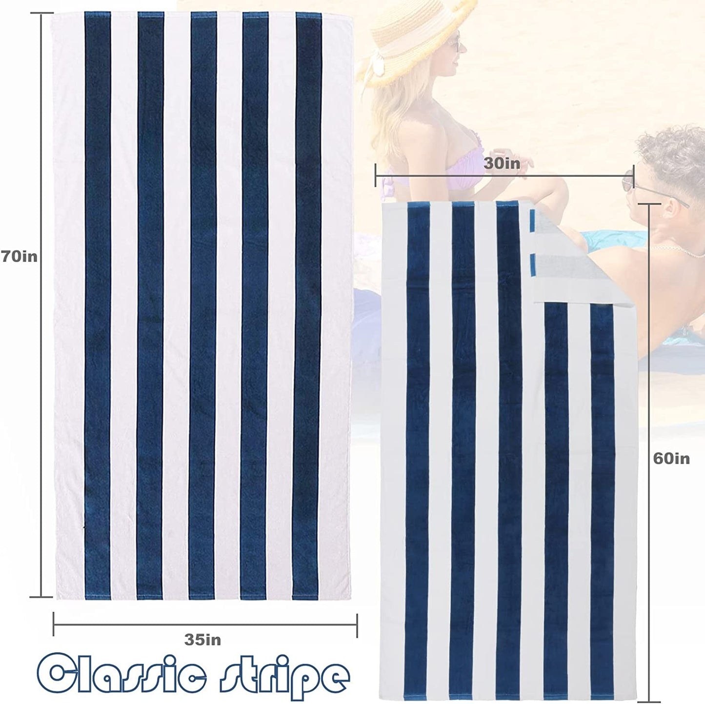 Exclusivo Mezcla 4-Pack Cotton Oversized 35"x70" Cabana Stripe Beach Towels, Super Absorbent Soft Plush Pool Towel, Bath Towel (Charcoal Grey/Dark Navy/Purple/Red)