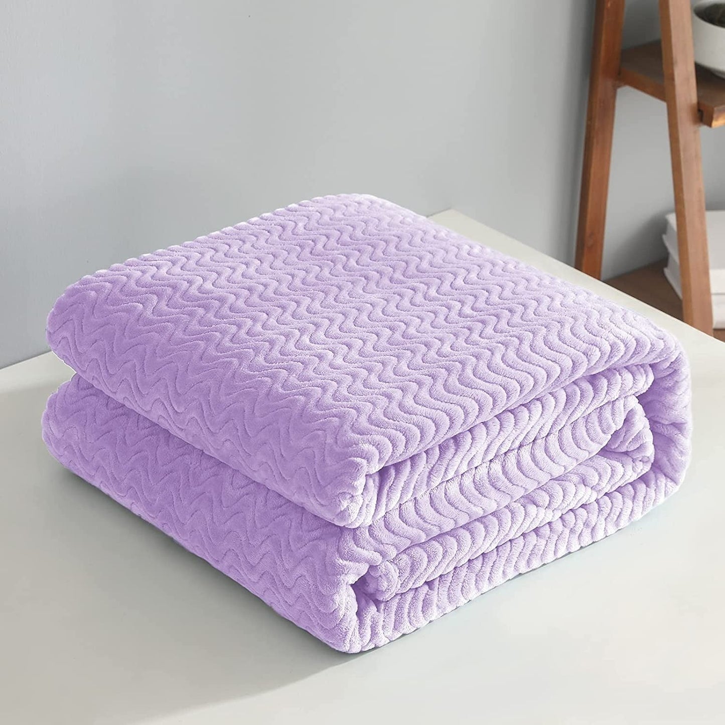 Exclusivo Mezcla King Size Jacquard Weave Wave Pattern Flannel Fleece Velvet Plush Bed Blanket as Bedspread/Coverlet/Bed Cover (90" x 104",Light Purple) - Soft, Lightweight, Warm and Cozy