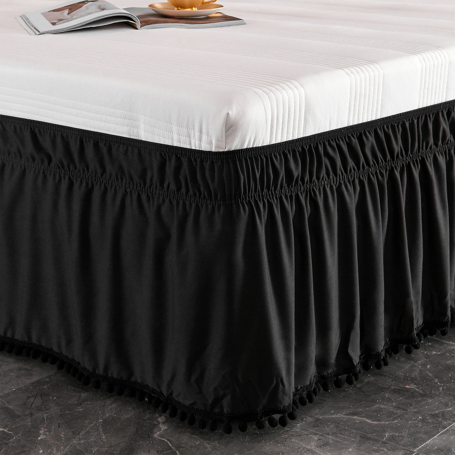 Exclusivo Mezcla Pom Pom Bed Skirt with Adjustable Elastic Belt, Easy Wrap Around Dust Ruffles with 16 Inch Tailored Drop, Wrinkle and Fade Resistant, (Queen, Black)