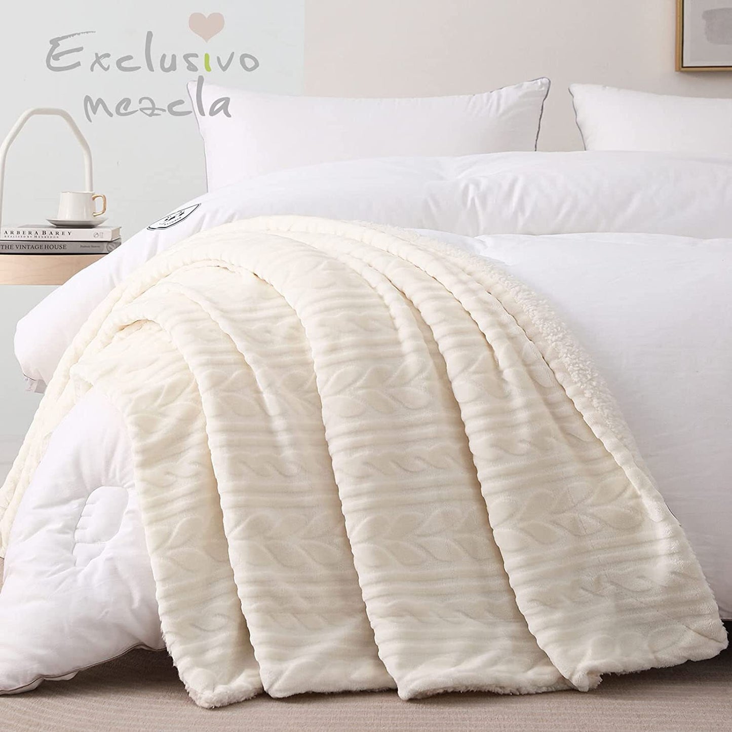 Exclusivo Mezcla 50"x70" Sherpa Fleece Throw Blanket, Reversible Velvet Plush Blankets and Soft Throws for Couch, Sofa, Bed, Super Cozy Thick and Warm, Ivory