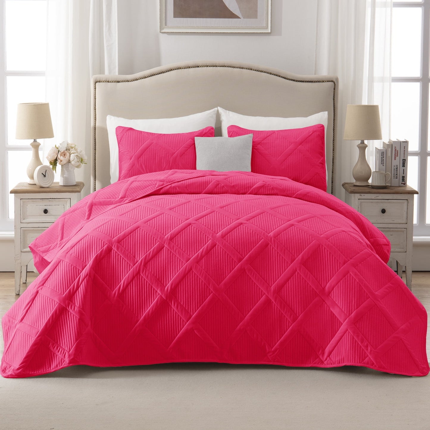 Exclusivo Mezcla Ultrasonic King Quilt Set, Lightweight Bedspreads Modern Striped Coverlet with 2 Pillow Shams, Hot Pink