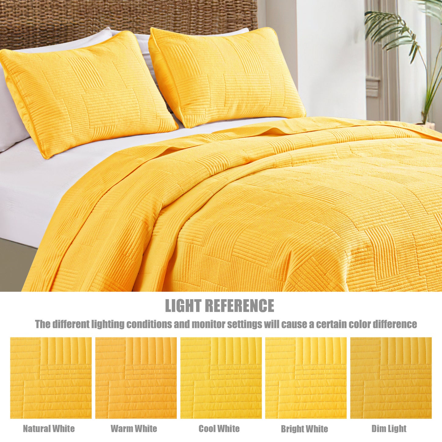 Exclusivo Mezcla Queen Quilt Set, Soft and Lightweight Bedspreads Coverlet with Striped Pattern, Bedding Sets with 2 Pillow Shams, Reversible Bed Cover for All Seasons, 96x90 Inches, Yellow Grid